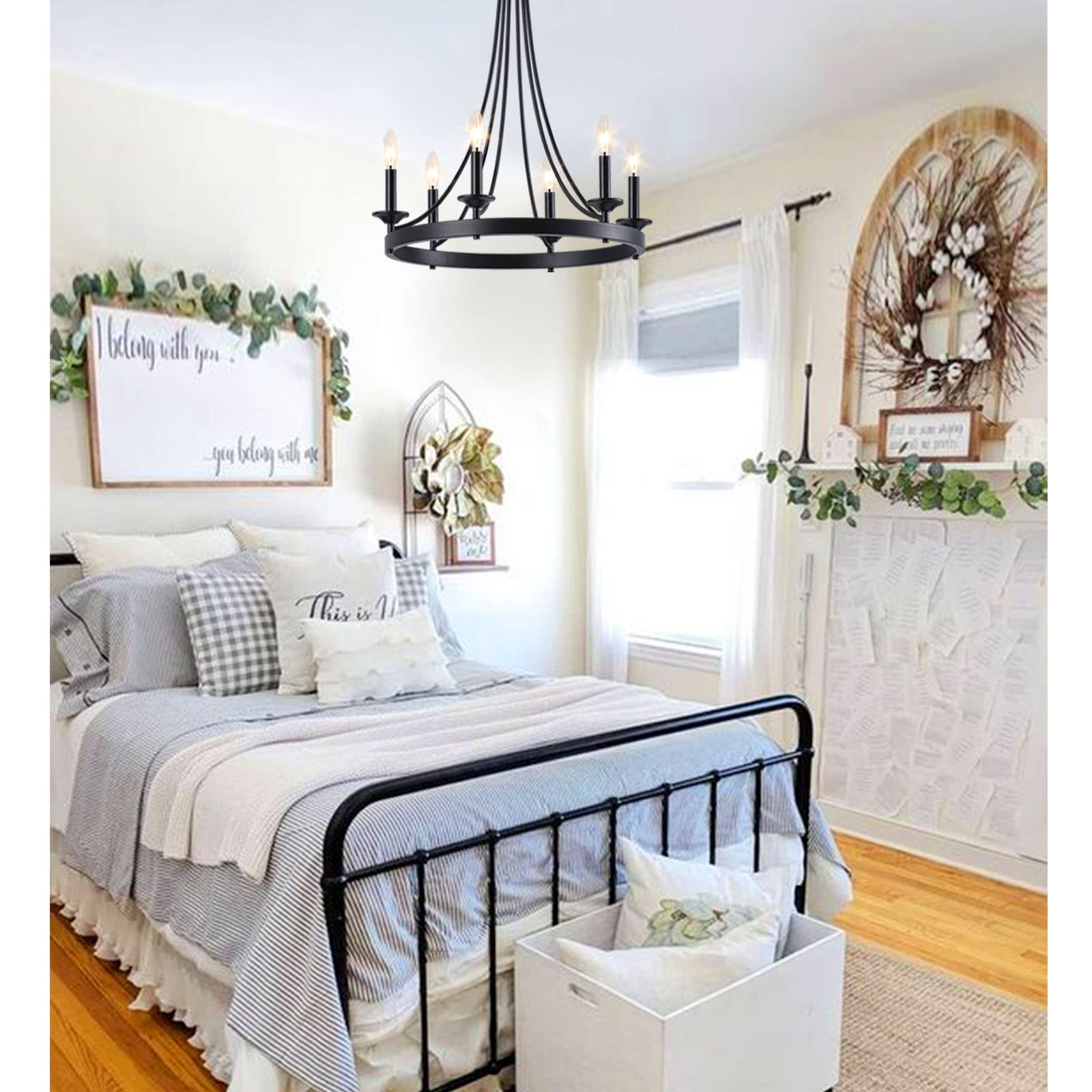 24 Inch Black Farmhouse Chandelier - 6-Light Wagon Wheel Ceiling Pendant Light for Dining Room, Kitchen Island & Living Room | Rustic Home Decor Lighting for Country Style Interiors