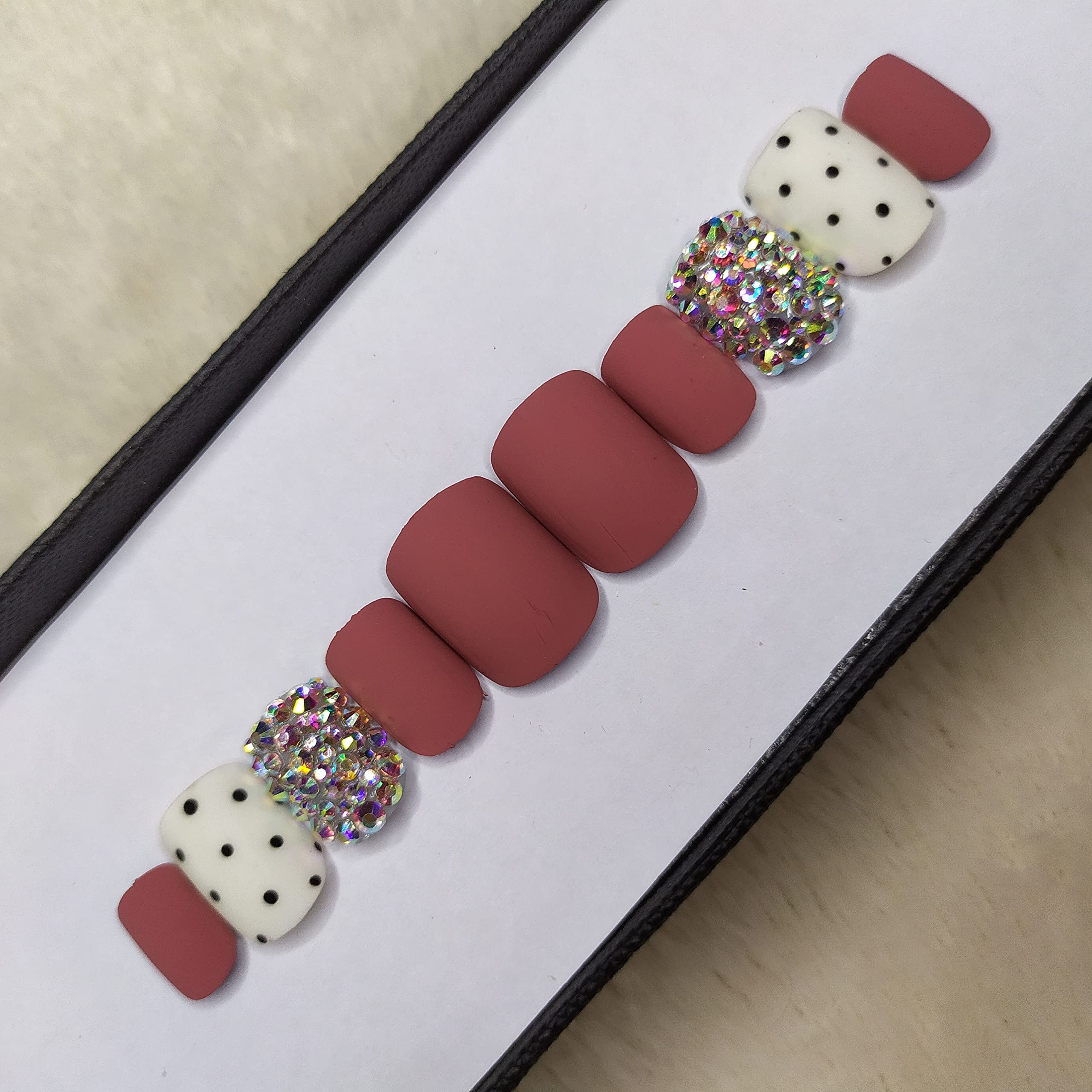 Matte Rose Black Dots Studded Press on Fake Nails - Square Artificial Nails with Complete Application Kit (20 Nails) | Perfect for Parties, Weddings & Special Occasions