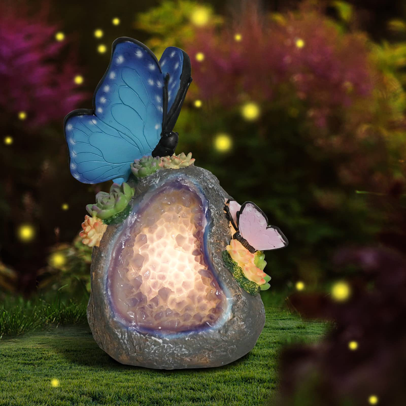 Solar-Powered Butterfly Garden Statue - Outdoor Resin Geode Stone Figurine with LED Lights for Patio, Balcony, Lawn Decor | Perfect for Garden Parties, Wedding Decorations & Backyard Landscaping