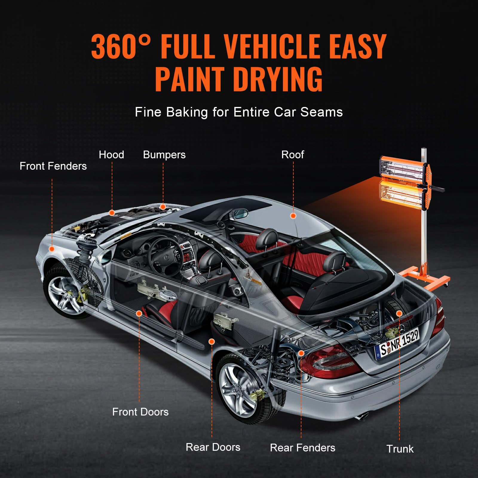 VEVOR 2000W Infrared Paint Curing Lamp - Fast Drying Car Bodywork Repair Heater with Stand | Professional Automotive Paint Dryer for DIY & Auto Shops | Perfect for Detailing, Touch-Ups & Restoration Projects