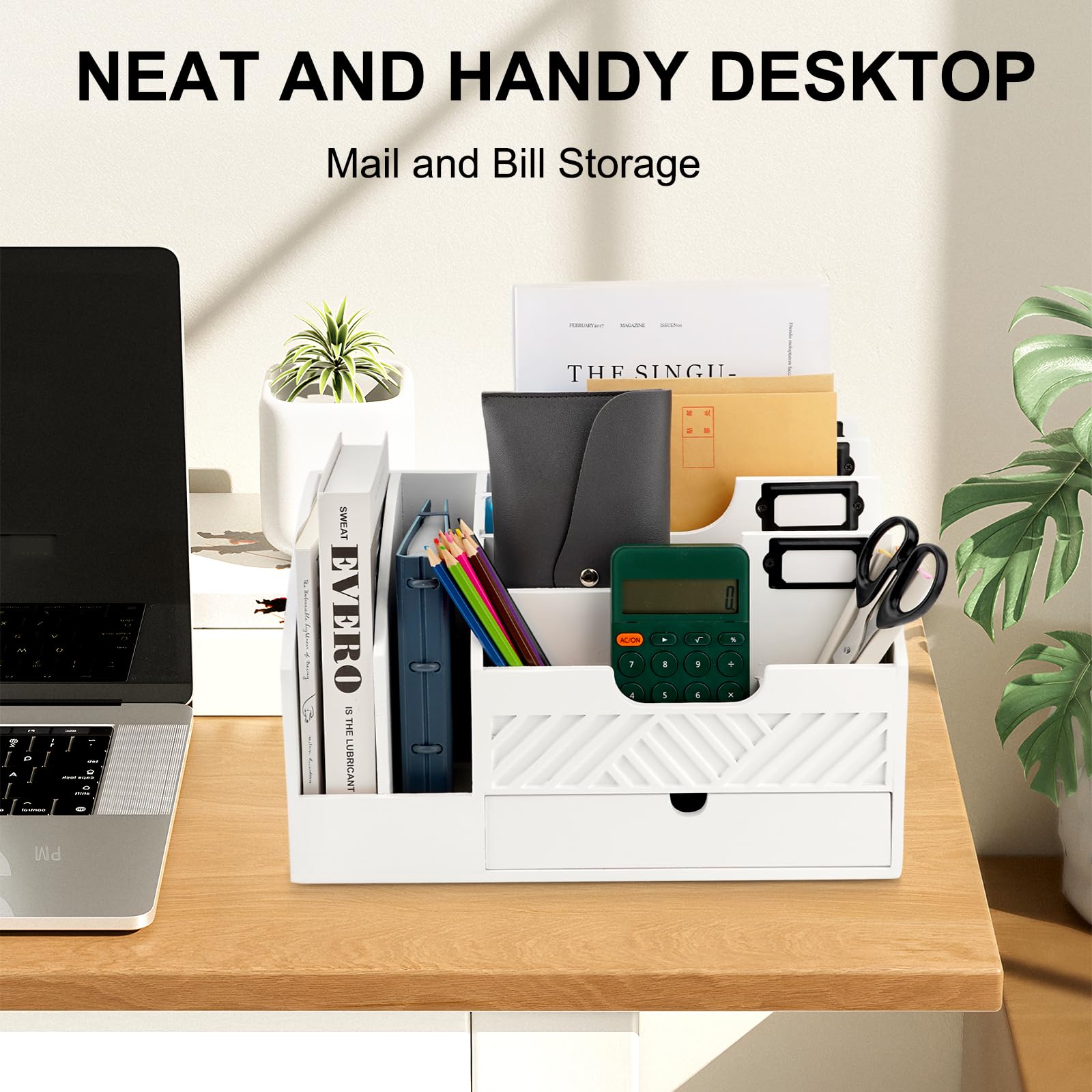Fantasyon White Wood Mail Organizer - Desktop Mail Holder with Drawer, Bill File Organizer & Letter Sorter - Wooden Desk Accessory for Office, Home (Paper, Envelopes, Documents) - Perfect for Workspace Organization & Mail Management