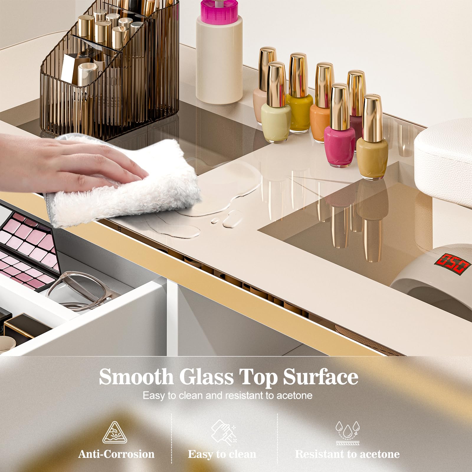 Premium Paddie Manicure Table for Nail Technicians - Acetone-Resistant Glass Top Nail Desk with 4 Drawers & 2-Tier Storage Shelves - Salon Beauty Workstation with Wrist Cushion & Golden Handles (White) - Perfect for Nail Salons, Home Studios & Professional Nail Art Services