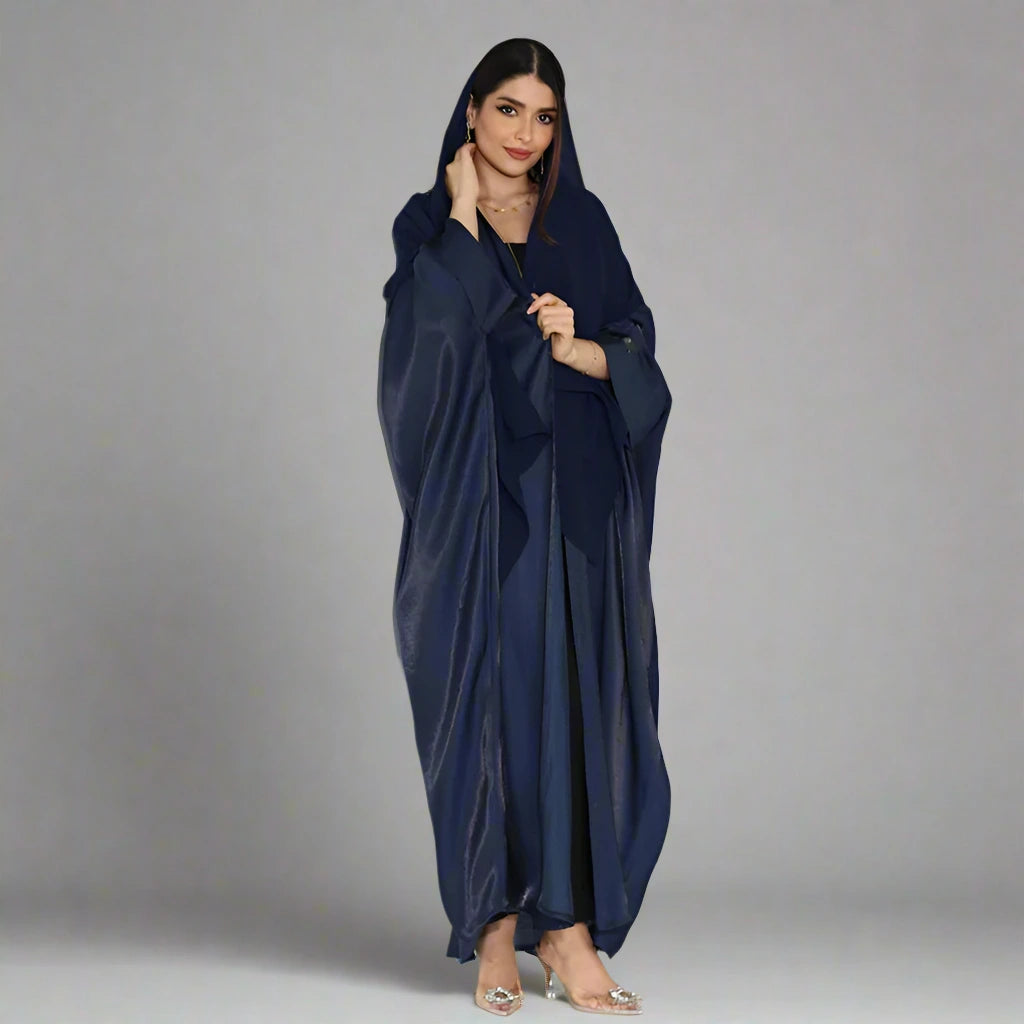 Elegant Satin Batwing Sleeve Farasha Cardigan Open Abaya Dress for Women - Perfect for Prayer, Evening Parties & Special Occasions