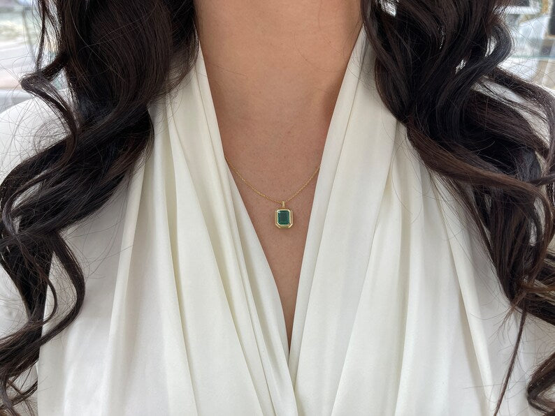 2.65 Carat 14K Gold Deep Sea Green Emerald Pendant - Double Bezel Setting for Men & Women - Perfect for Gifts, Weddings & Everyday Elegance