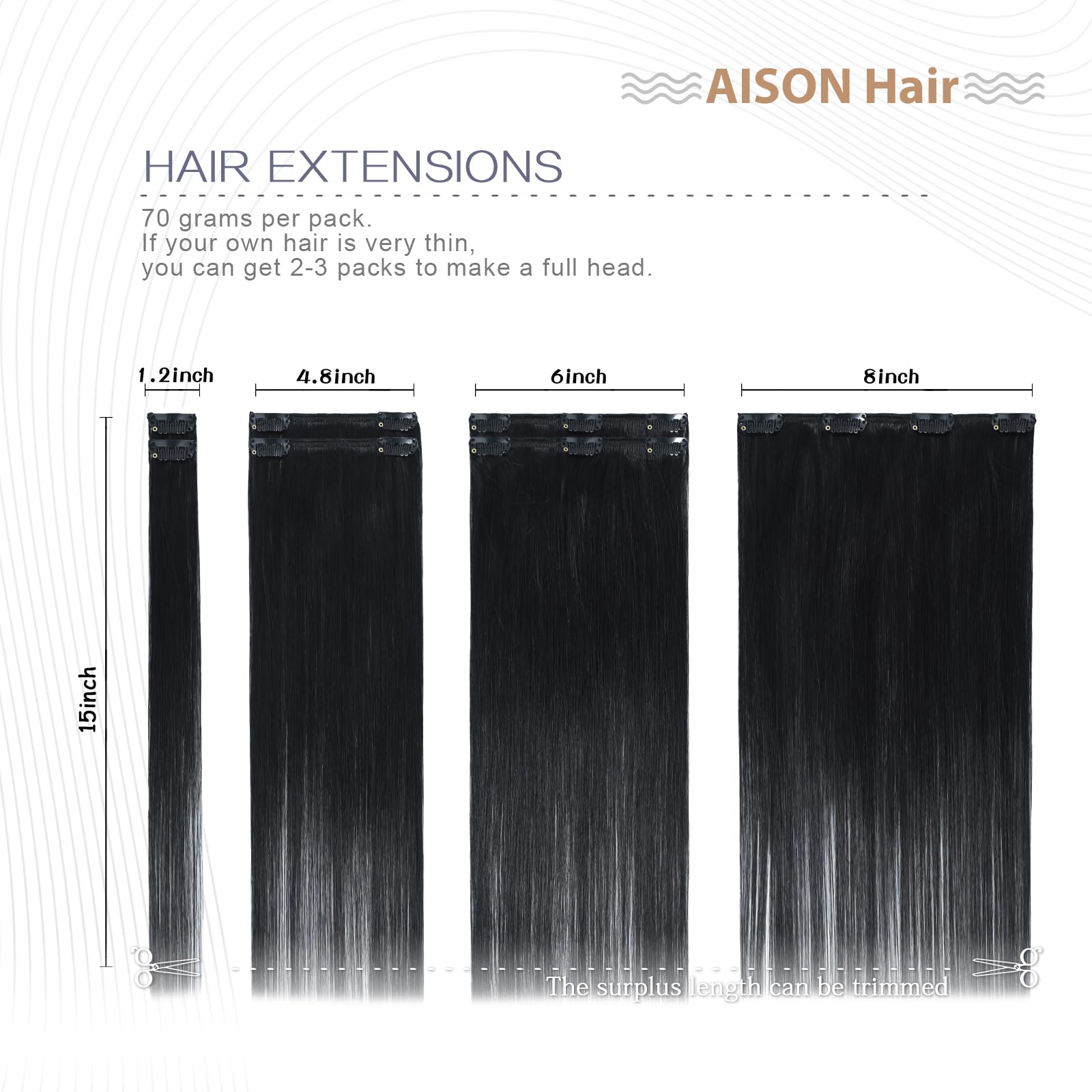 Aison Jet Black Clip-in Hair Extensions 70G - 100% Remy Human Hair, Silky Straight, 7pcs 16 Clips, 20 Inch - Perfect for Parties, Weddings & Everyday Styling