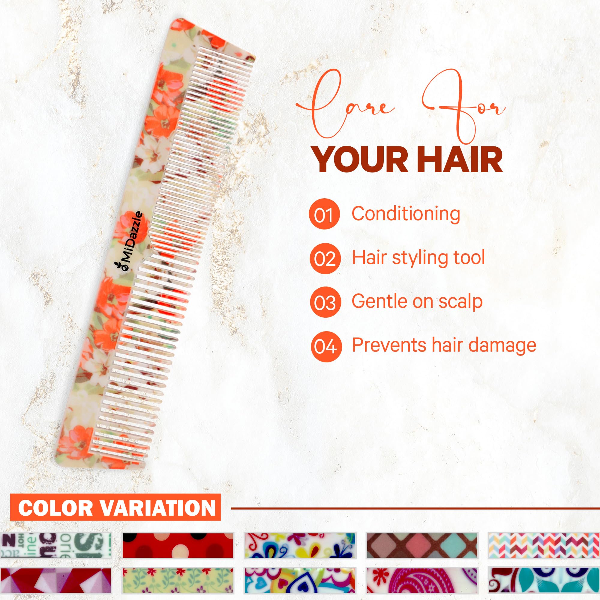 Midazzle 360 Floral Dual Teeth Comb - Medium Hair Styling Brush for Women & Men - Perfect for Detangling, Styling & Volume Boosting (Home, Salon & Travel Use)