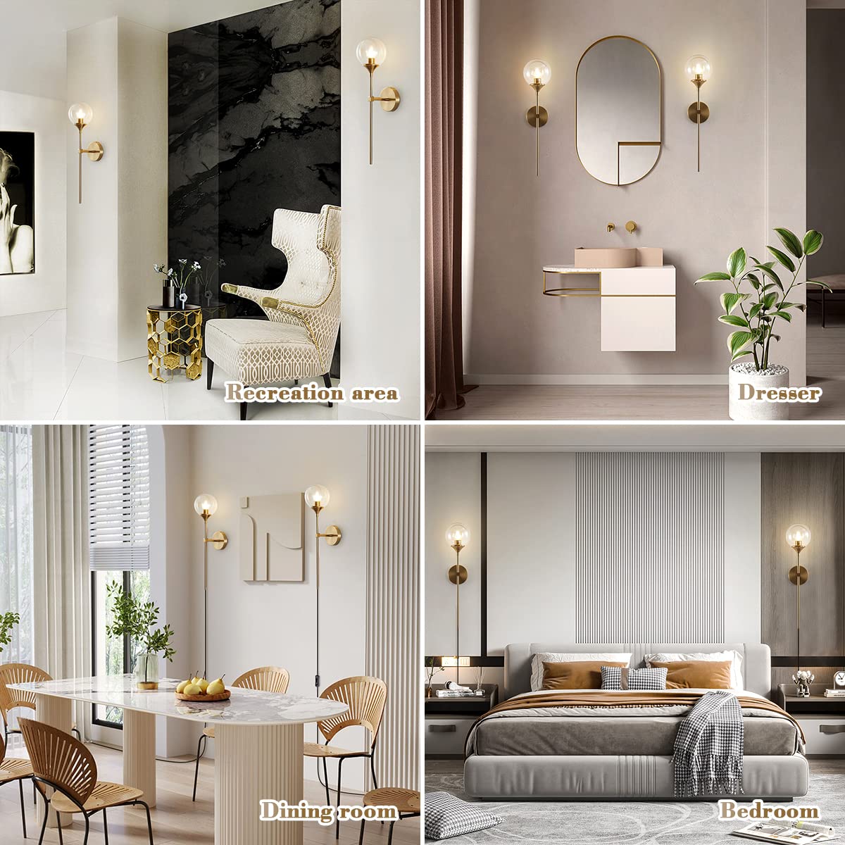 BOKT Brushed Gold Plug-in Wall Sconce Set of 2 - Mid Century Modern Long Globe Wall Light with Plug-in Cord & Amber Glass - Bathroom Vanity Lighting Fixture for Bedroom, Hallway, and Living Room Decor
