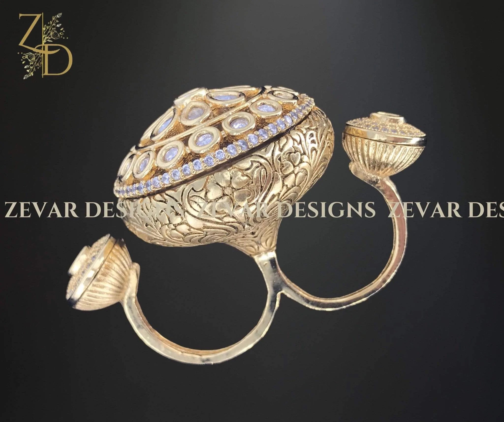 Exquisite Designer Kundan Meena Double Ring in Grey - Elegant Indian Jewelry for Women | Perfect for Weddings, Parties & Special Occasions