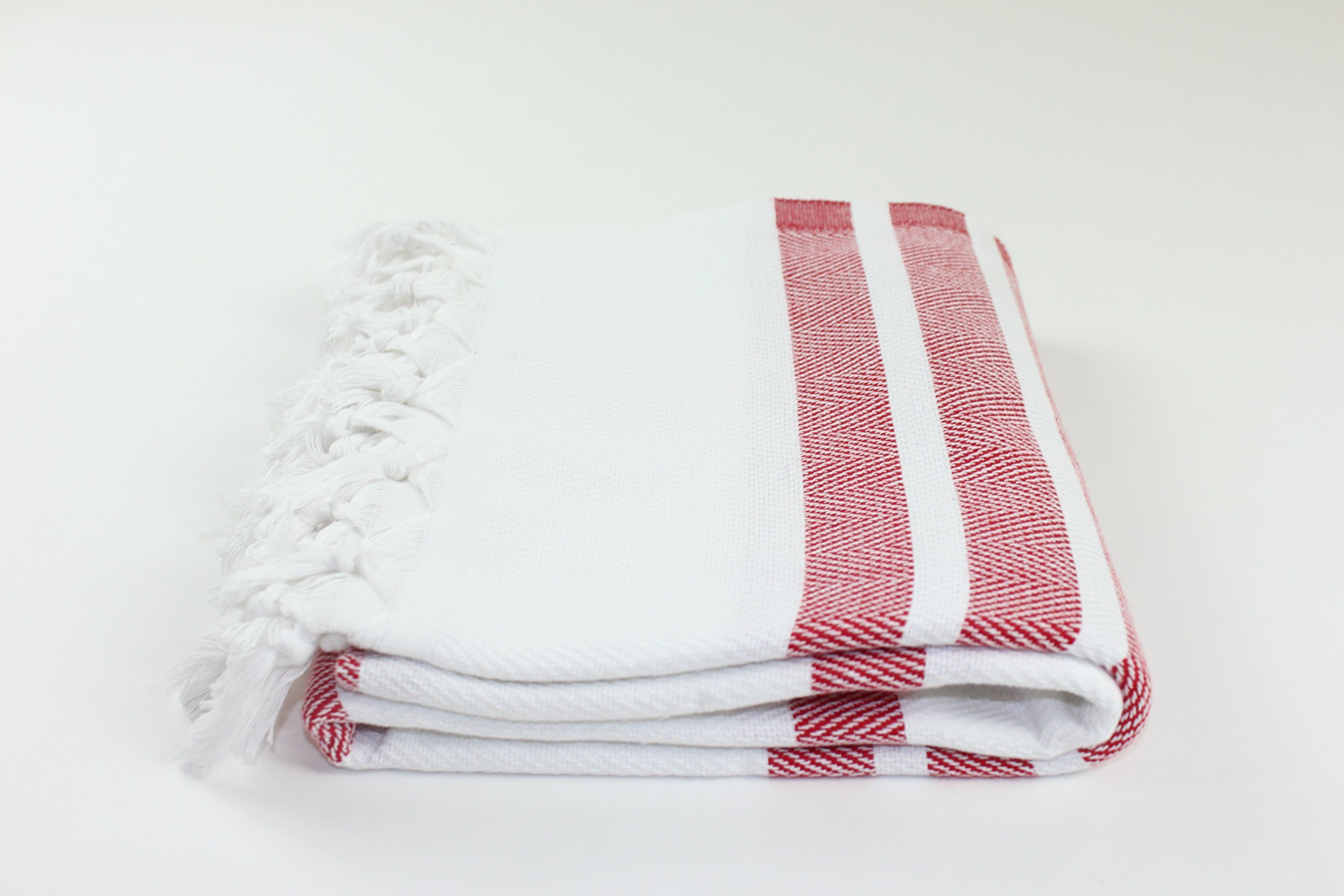 Premium Herringbone Turkish Towel Peshtemal - 100% Authentic Turkish Cotton for Bath, Beach, Pool & Spa - White & Red - Perfect for Travel, Yoga & Hammam
