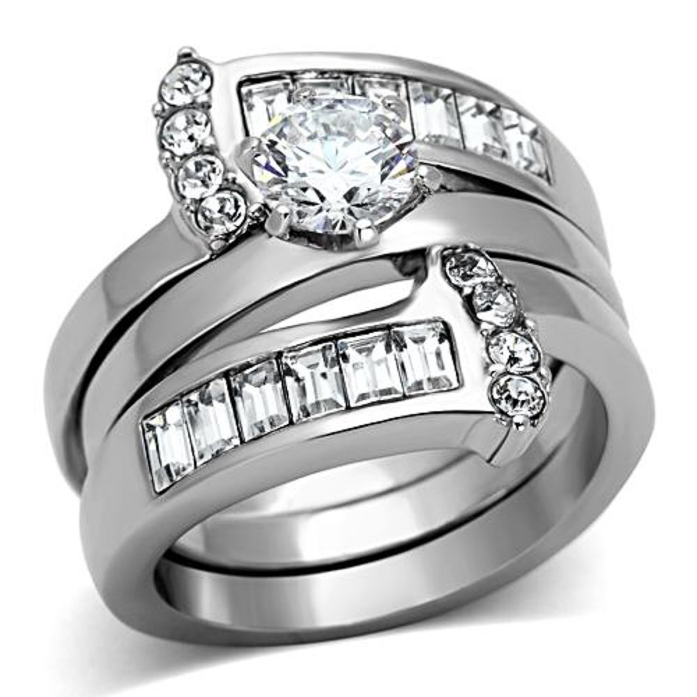 Marimor Women's Cubic Zirconia Wedding Ring Set - Silver Stainless Steel for Bridal & Anniversary Gifts