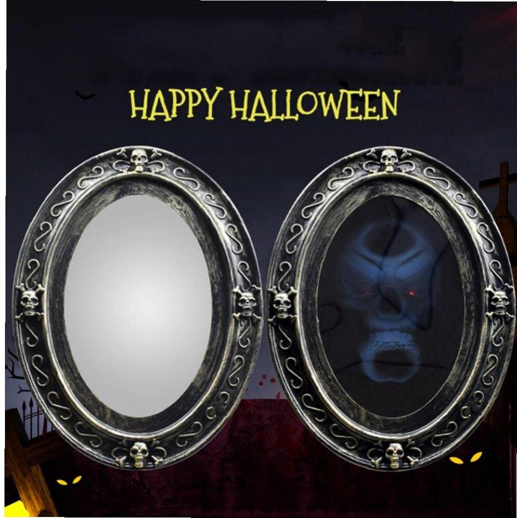 1pc Halloween Scary Picture Frame - Black Oval Speaking Mirror with Motion Sensor for Haunted House Decor | Spooky Home & Party Decoration