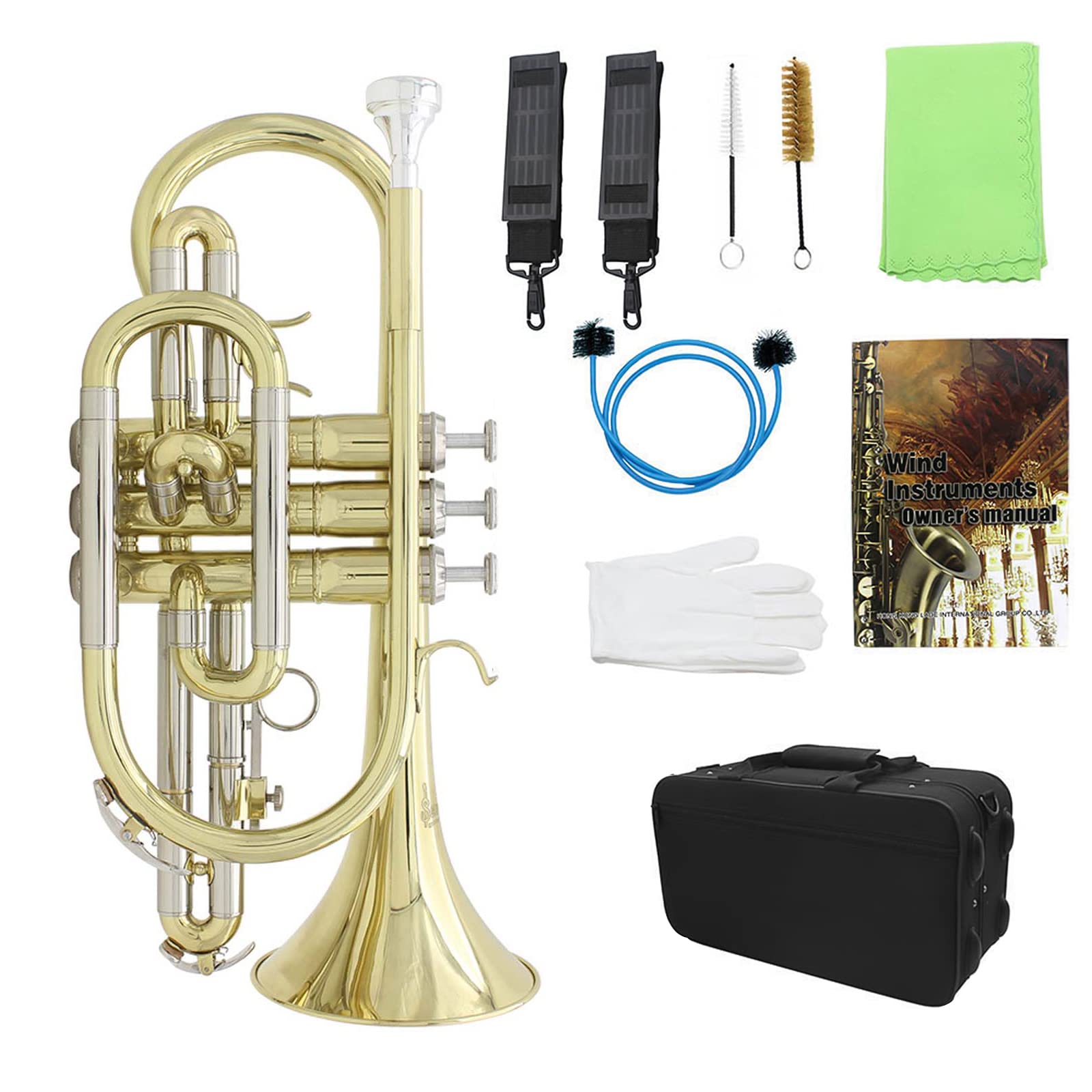 Professional Bb Flat Cornet Brass Instrument - High-Quality Bb Cornet with Carrying Case, Gloves, Cleaning Cloth & Brushes | Perfect for Beginners, Students & Band Performances