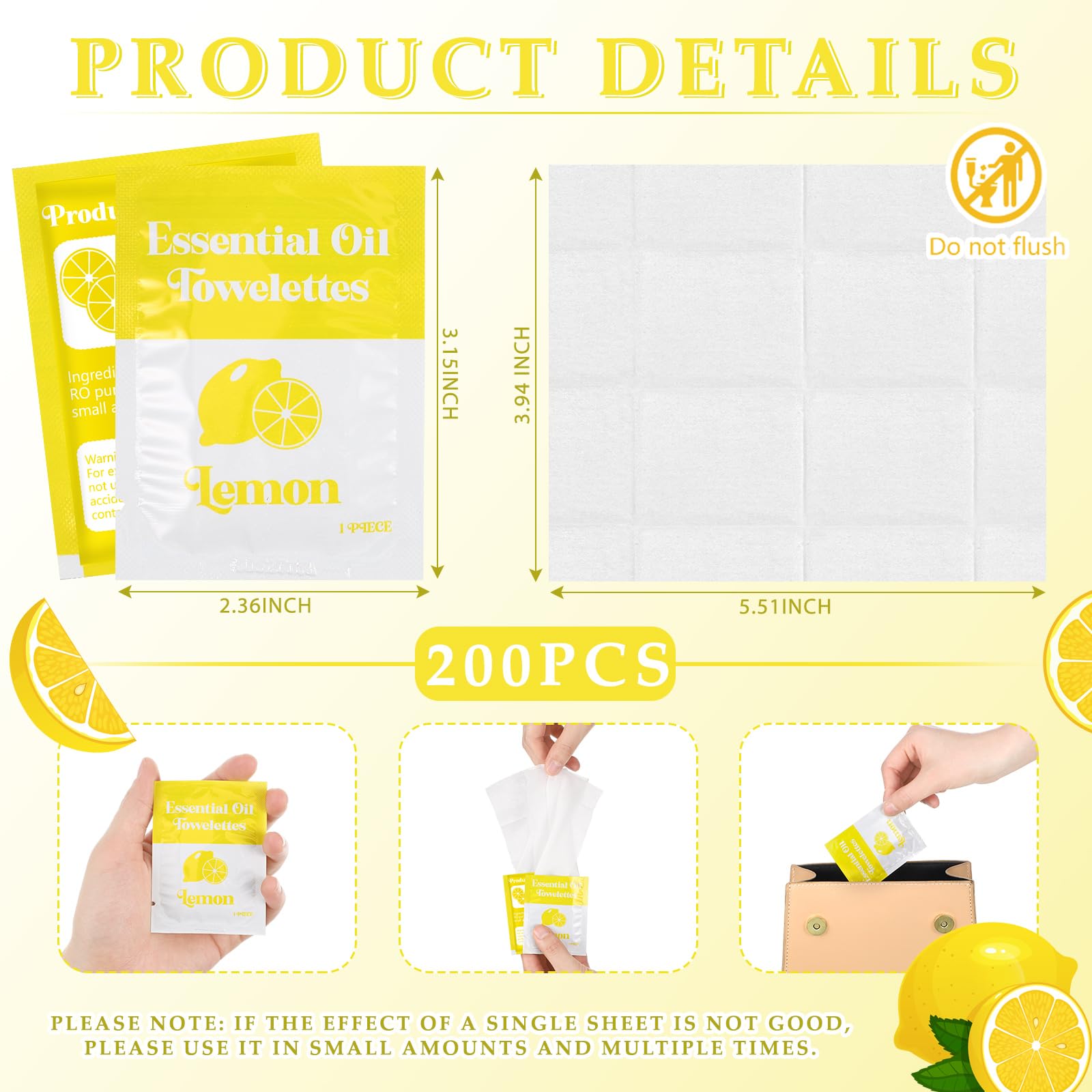 200 Pcs Lemon Scented Wet Wipes - Individually Wrapped Moist Towelettes with Essential Oils | Bulk Disposable Hand Wipes for Travel, Camping & Backpacking | Gentle for Sensitive Skin | Perfect for On-the-Go Hygiene, Baby Care & Outdoor Adventures