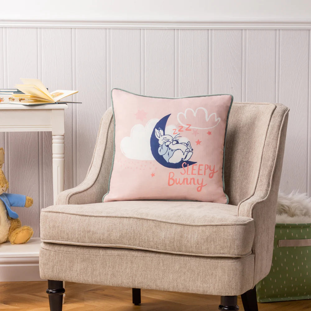 Peter Rabbit Sleepy Head Cushion Cover - Soft Pink Floral Pillow Case for Nursery, Kids Room & Cozy Home Decor - Perfect for Baby Showers, Bedtime Stories & Relaxation