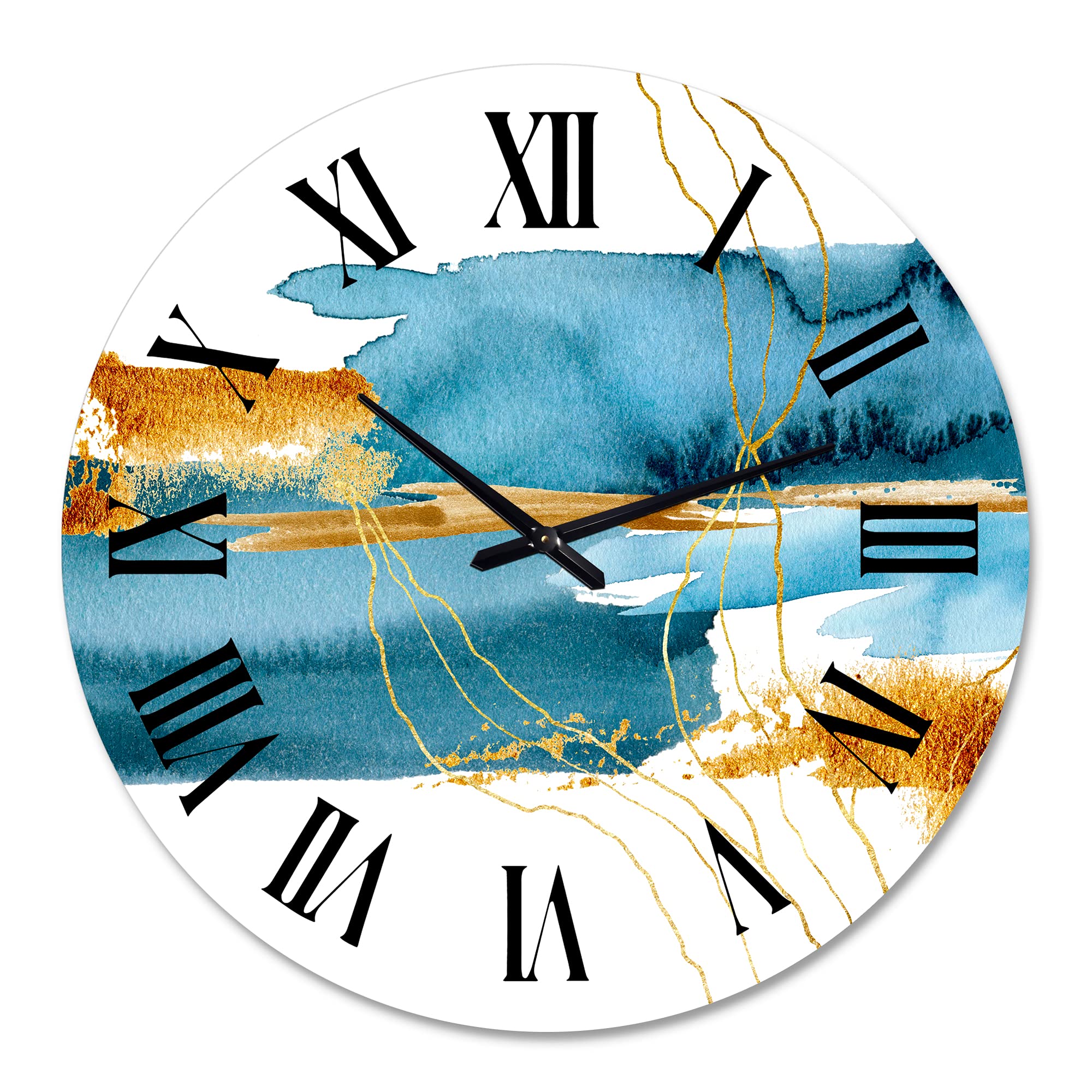 Modern Abstract Wall Clock with Blue Underwater Plant & Golden Laminaria Branch Design - Large Fractal Art Wall Clock for Living Room, Bedroom, Office Decor | Perfect for Home, Office & Gift Giving