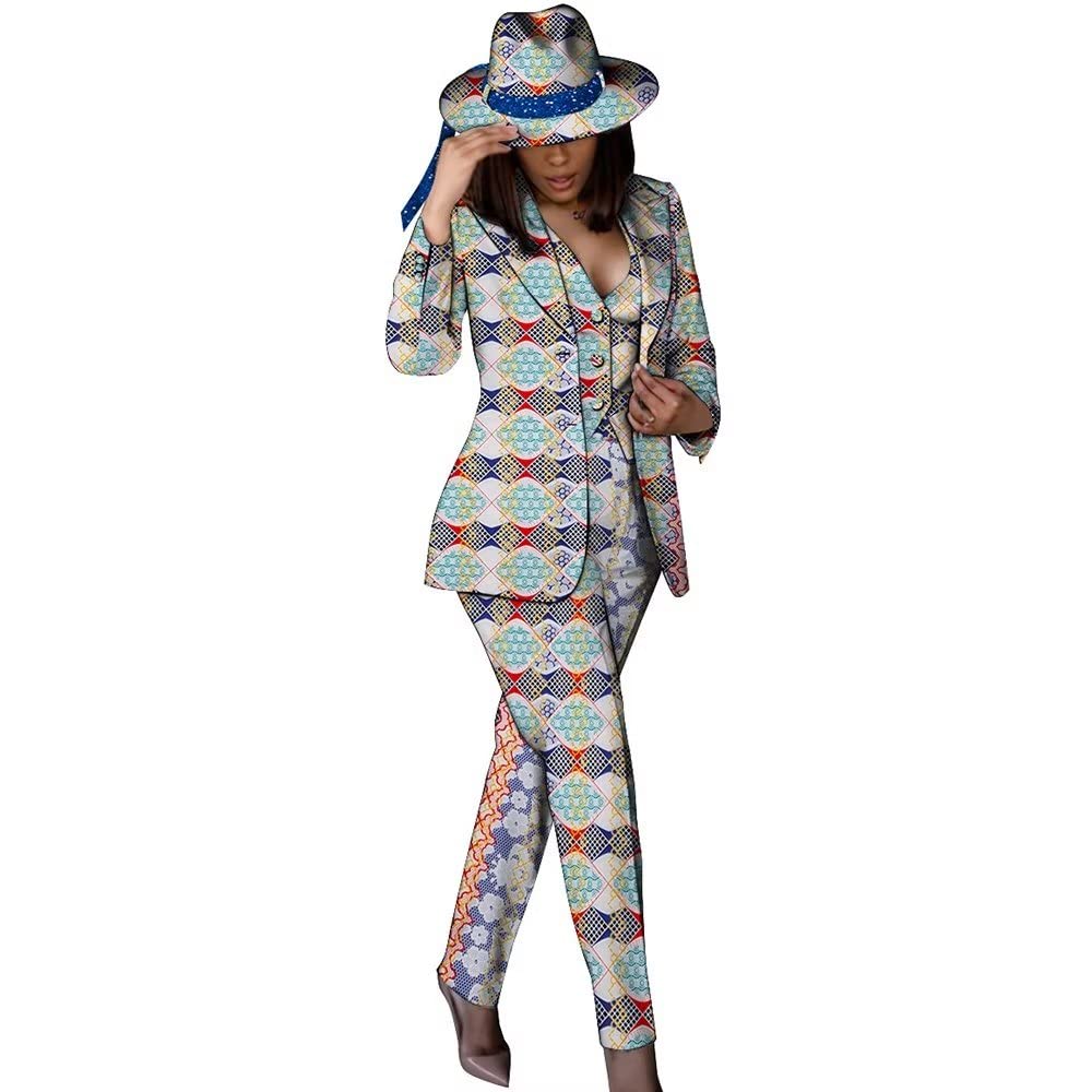 African Print Women's Blazer Suit Set with Kente Top, Pants & Hat - Stylish Afrocentric Outfit for Parties, Weddings & Cultural Events