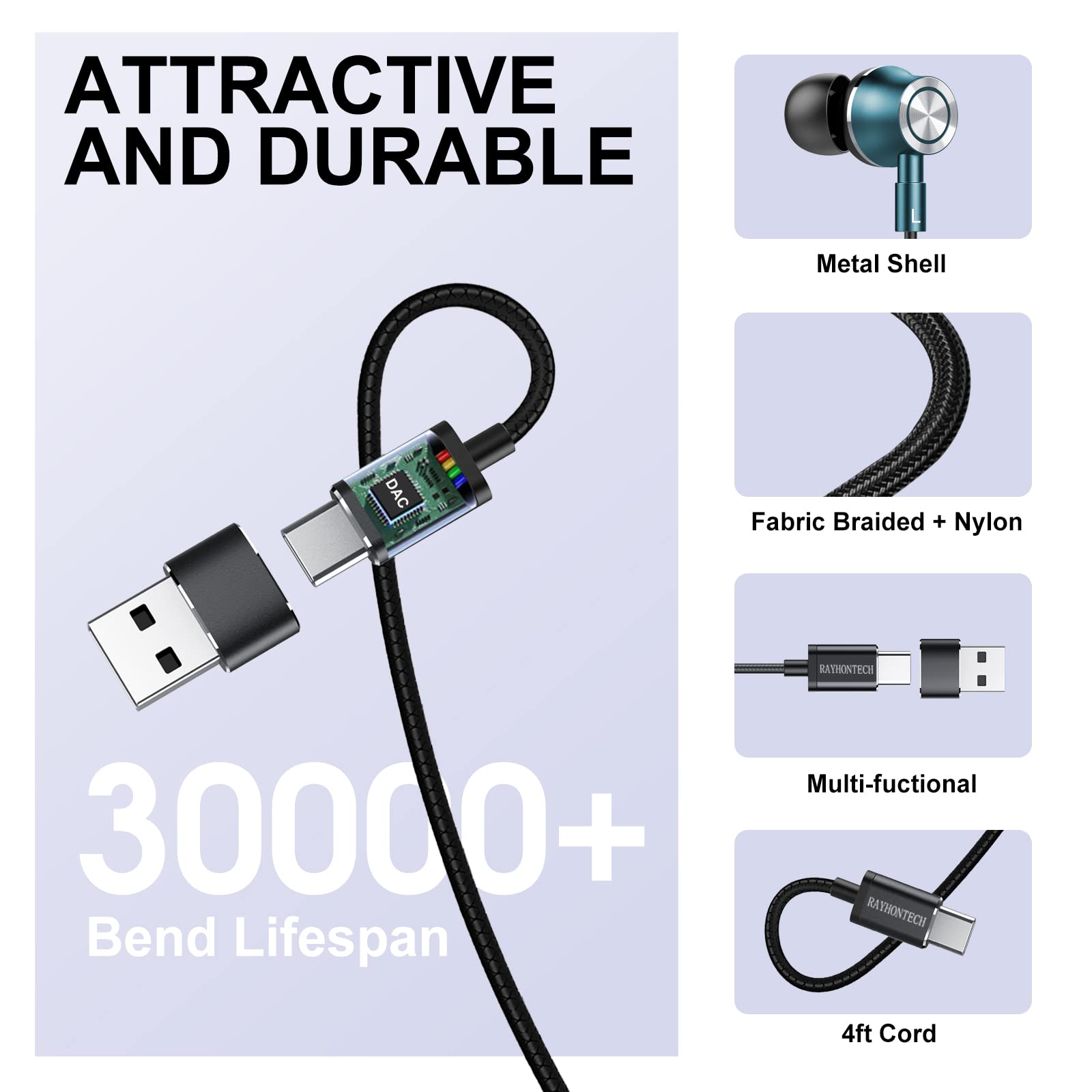 High-Quality USB C Wired Earbuds with Microphone - Noise Isolating Magnetic In-Ear Headphones for iPhone 15 Pro Max/Plus, iPad Pro, Samsung Galaxy S24 Ultra, MacBook, PC & Laptop - Perfect for Work, Gaming & Travel