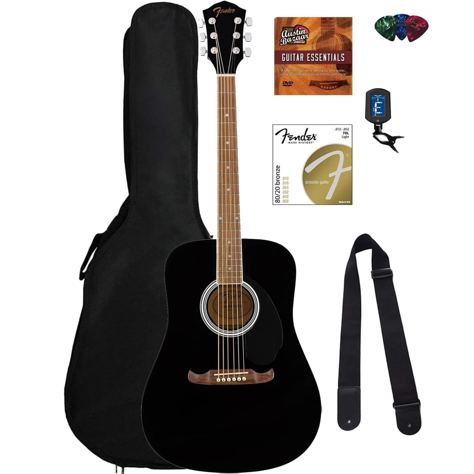 Fender Dreadnought Acoustic Guitar Bundle - Black with Gig Bag, Tuner, Strap, Strings, Picks & Online Lessons | Perfect for Beginners, Camping, Live Performances & Home Practice