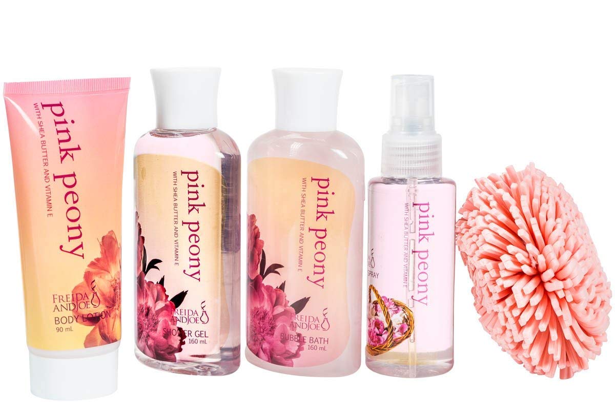 Luxury Pink Peony Bath & Body Gift Set for Women - Natural Wood Box with Body Lotion, Shower Gel, Bubble Bath, Body Spray & Puff | Spa Day Essentials, Bridal Shower Gift, Self Care Pampering Kit