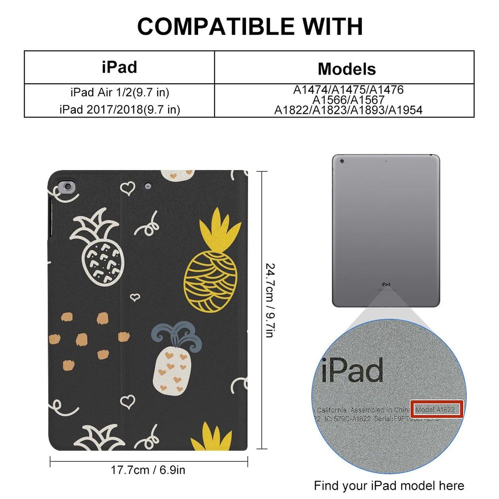 Pineapple Pattern Slim Shockproof Waterproof Protective Case Cover with Stand for iPad 2017/2018/Air 1/Air 2 (9.7 Inch) - Perfect for Travel, Office & Home Use