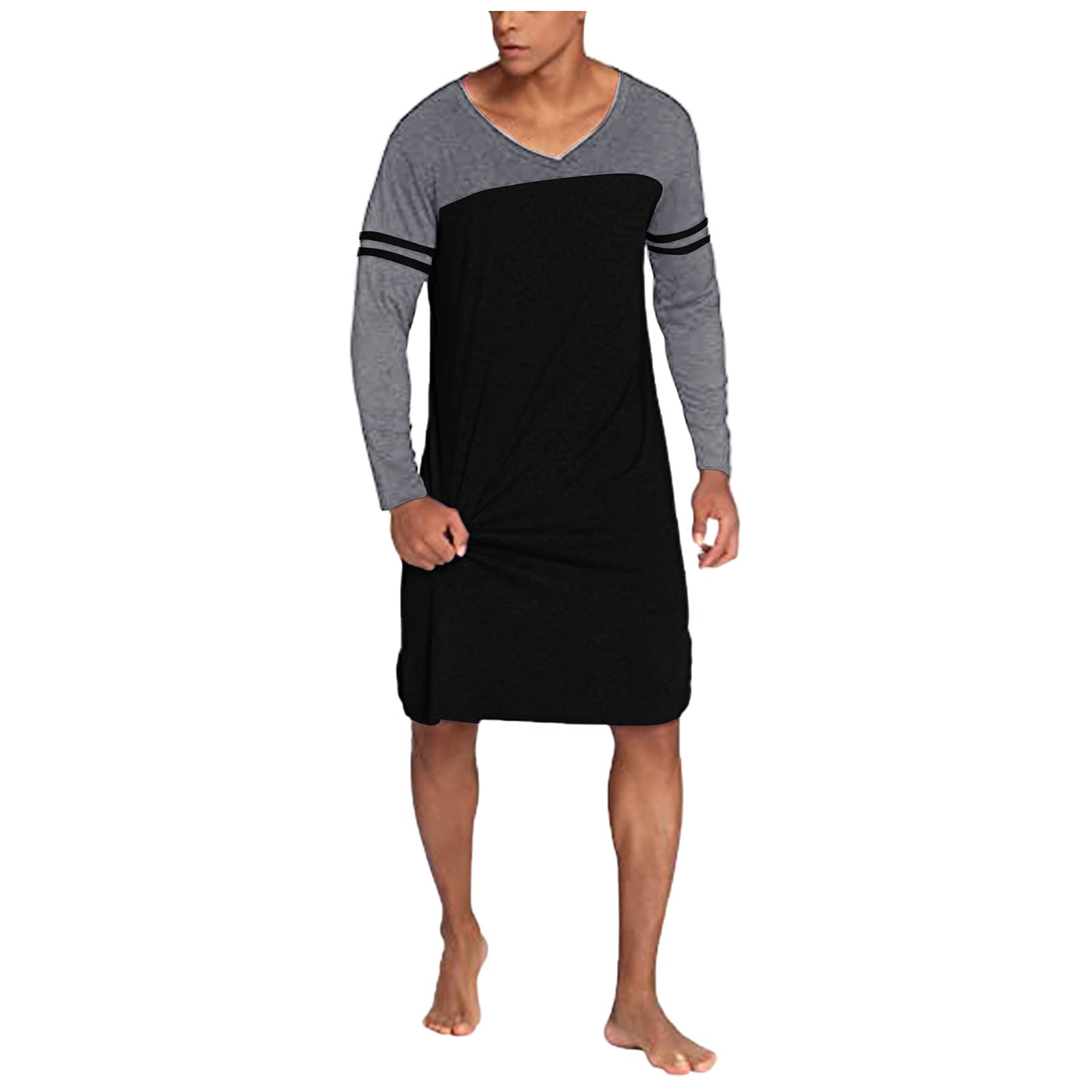 Men's V-Neck Long Sleeve Nightshirt - Soft Cotton Sleepwear for Comfortable Nights - White Color Matching Pajama Top for Relaxing at Home or Travel