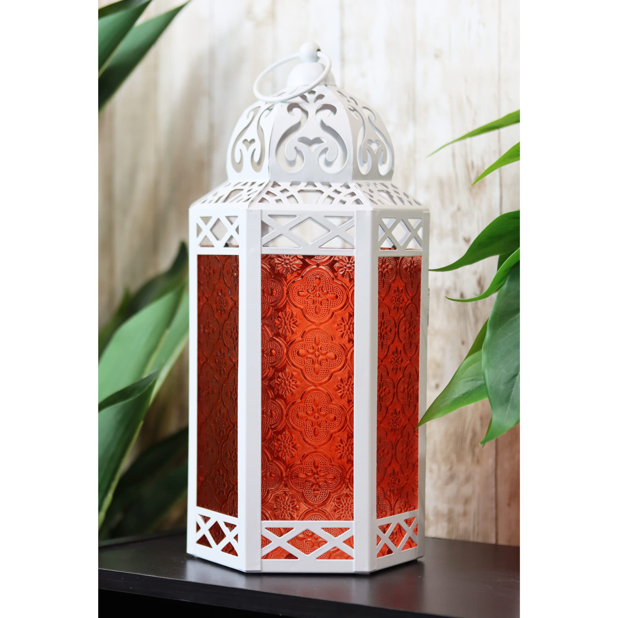 White Metal Moroccan Vela Lanterns - Set of 6 Large Decorative Candle Holders with Red Glass for Patio, Garden, Wedding & Home Decor | Indoor Outdoor Hanging Lighting for Parties, Dining & Romantic Ambiance