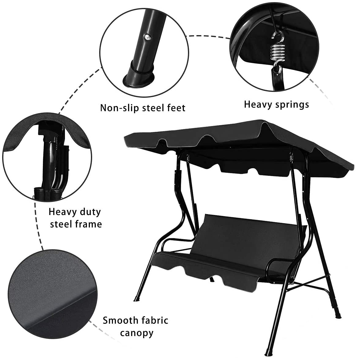3-Seater Canopy Swing Chair for Patio - Waterproof Outdoor Hanging Cushioned Seat with Adjustable & Removable Canopy - Sturdy Steel Frame & Durable Polyester Oxford Fabric - Perfect for Backyard, Garden, Poolside Relaxation (Black)
