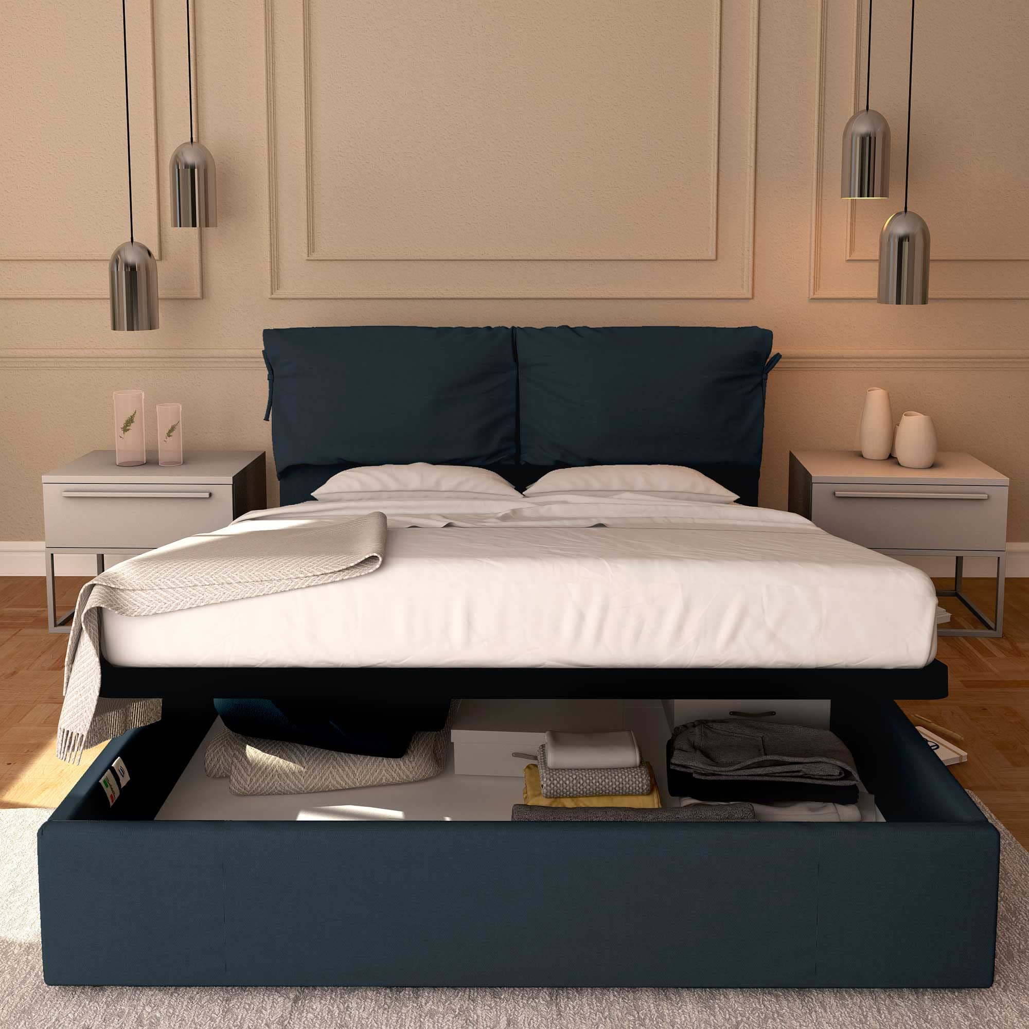 Baldiflex Single Bed with Storage - Licia Soft Synthetic Leather Upholstery, Slatted Base for Single Mattresses, 160 x 200 cm, Padded Headboard, Night Blue - Perfect for Small Bedrooms, Guest Rooms & Studio Apartments