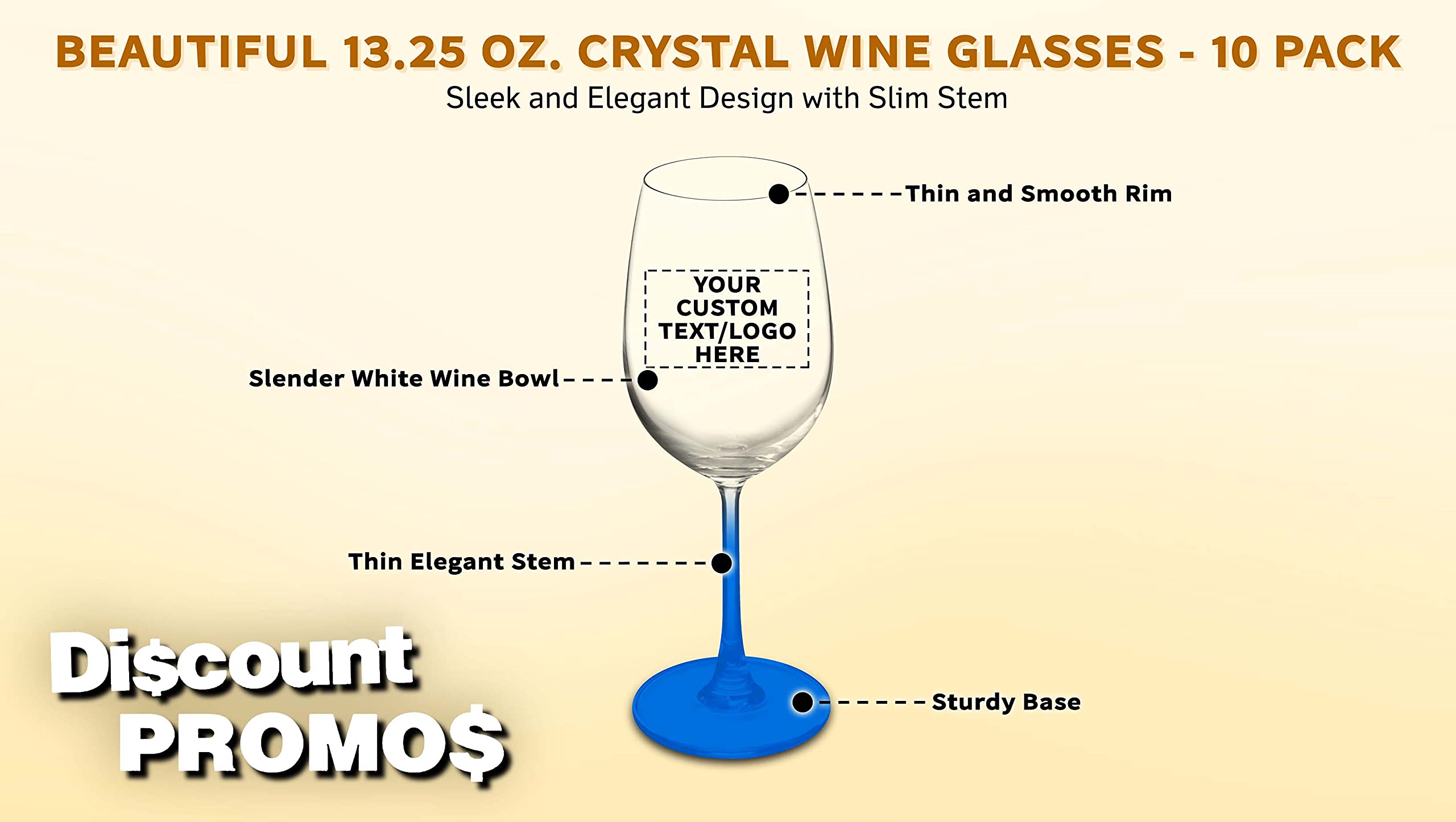 10-Piece Crystal Wine Glass Set - 13.25 oz Elegant Stemware with Custom Text/Logo - Lightweight Barware for Parties, Weddings & Home Entertaining - Blue