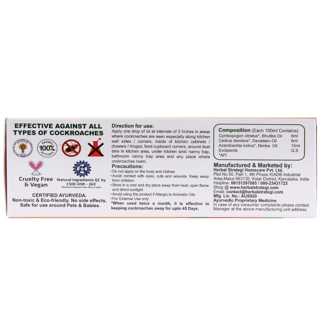 Herbal Strategi Cockroach Repellent Oil Gel - 25ml | Natural Roach Repellent for Home & Kitchen | 100% Herbal, Chemical-Free & Non-Toxic | Safe for Babies & Pets | Ayurvedic Certified | Works on All Cockroach Species | Ideal for Apartments, Restaurants & Food Storage Areas