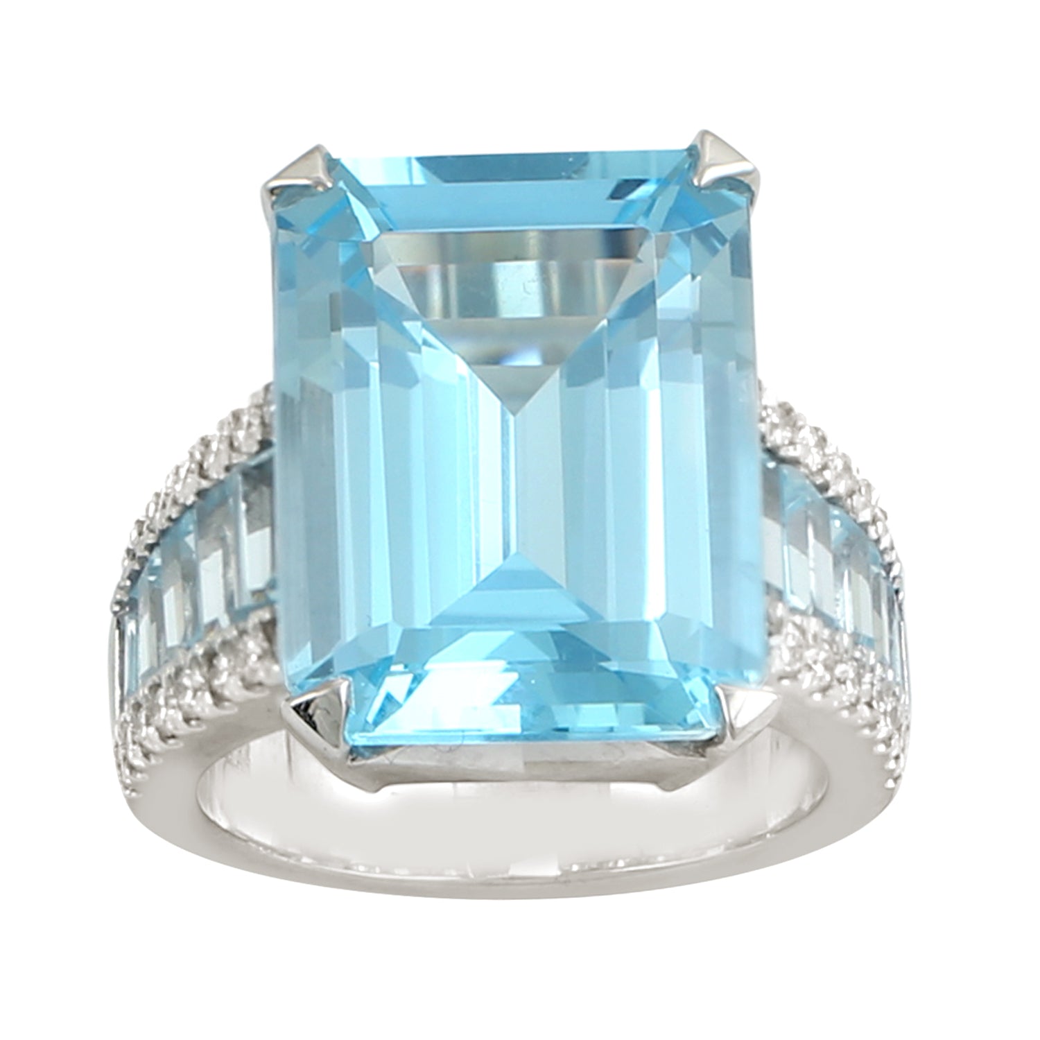 Exquisite Faceted Emerald Cut Blue Topaz & Diamond Solitaire Ring in 14K White Gold for Women | Elegant Engagement, Anniversary & Gift Jewelry for Special Occasions