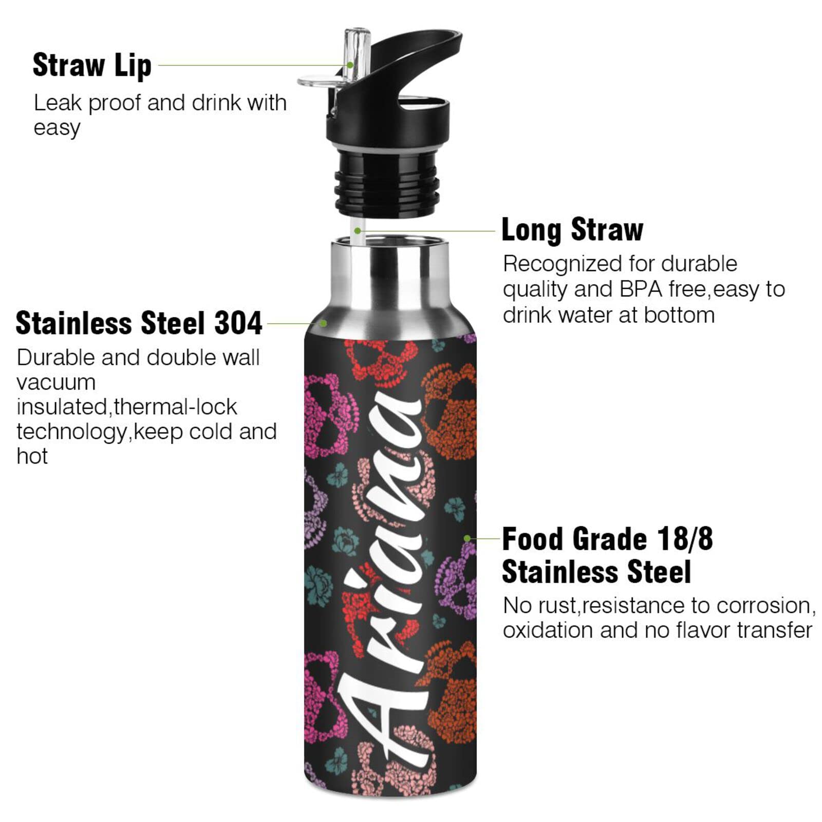 Custom 20oz Insulated Flower Skull Water Bottle with Straw Lid - Personalized Reusable Sports Bottle for Gym, Hiking & Backpacking - BPA Free Leakproof Stainless Steel Drinkware for Outdoor Activities & Workouts