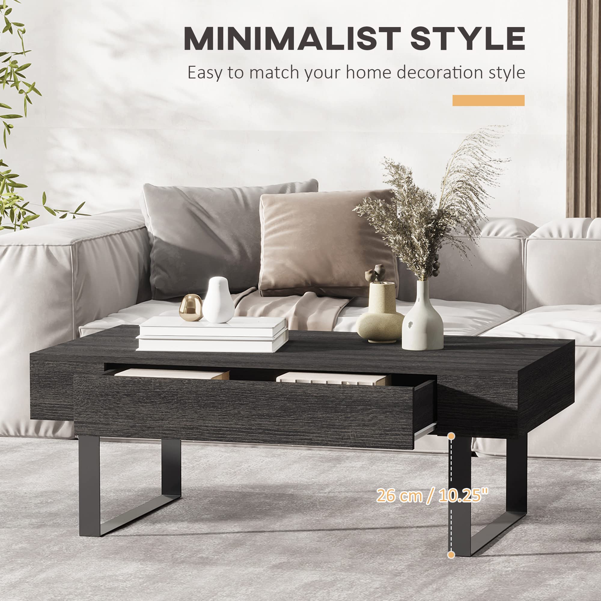 Mid-Century Modern Coffee Table with Storage Drawer - Metal Sled Legs & Wood Grain Surface - Dark Grey Living Room Furniture for Small Spaces, Apartments & Home Decor