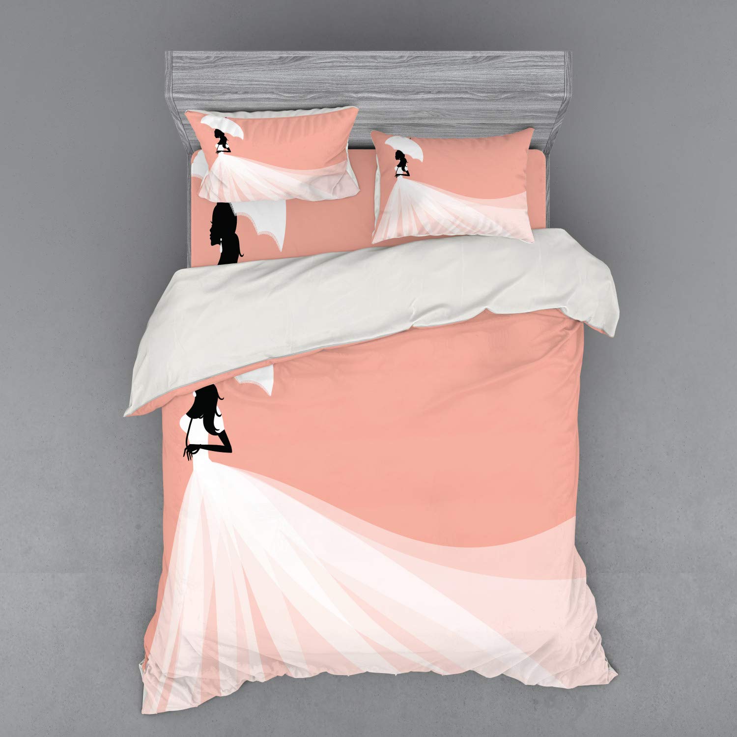 Ambesonne Bridal Shower Bedding Set - Queen Size 4-Piece Duvet Cover Set with Shams & Fitted Sheet, Abstract Romantic Bride in Wedding Dress with Umbrella Art Print, Salmon & White - Perfect for Wedding Gifts, Honeymoon Suite & Bridal Shower Decor