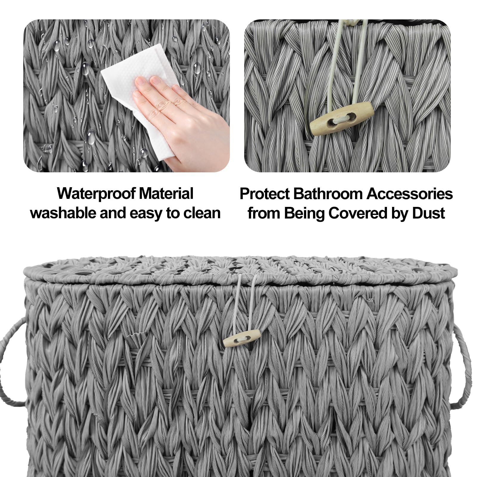 Wicker Toilet Paper Storage Basket with Lid - Narrow Decorative Bathroom Organizer Stand, Free Standing Grey Basket for Toilet Paper & Bath Essentials | Perfect for Small Bathrooms, Powder Rooms & Vanity Organization