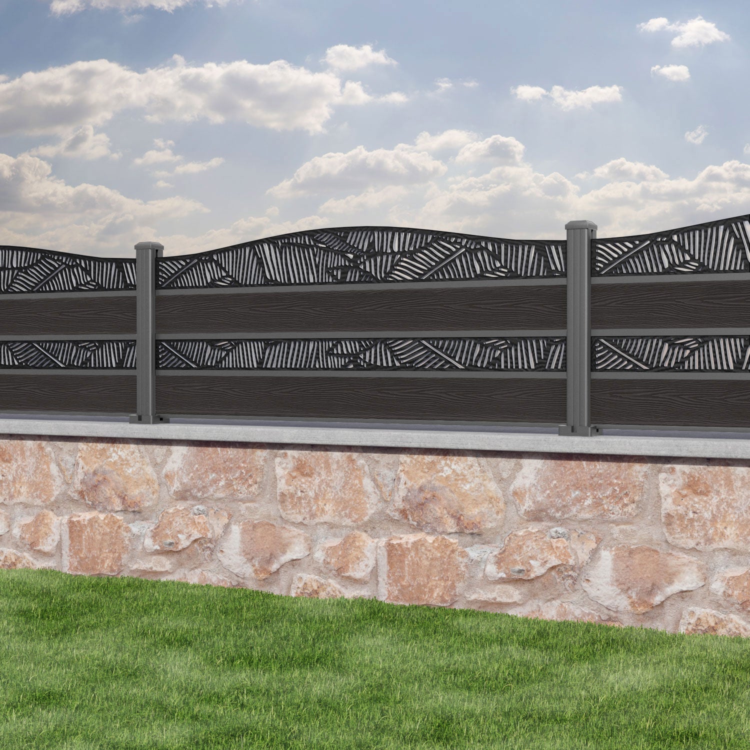Classic Feather Curved Top Split Screen Fence Panel - Dark Oak Wood Privacy Screen with Aluminum Posts | Perfect for Patio, Deck, Backyard & Garden Partition