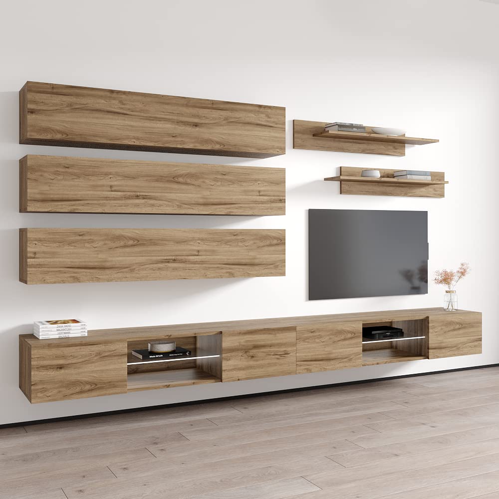 Modern Floating TV Stand with Storage & LED Lights - Wall-Mounted Entertainment Center Console for Bedroom & Living Room - Oak Wood TV Cabinet with Shelves - Perfect for Small Spaces & Home Theater Setup