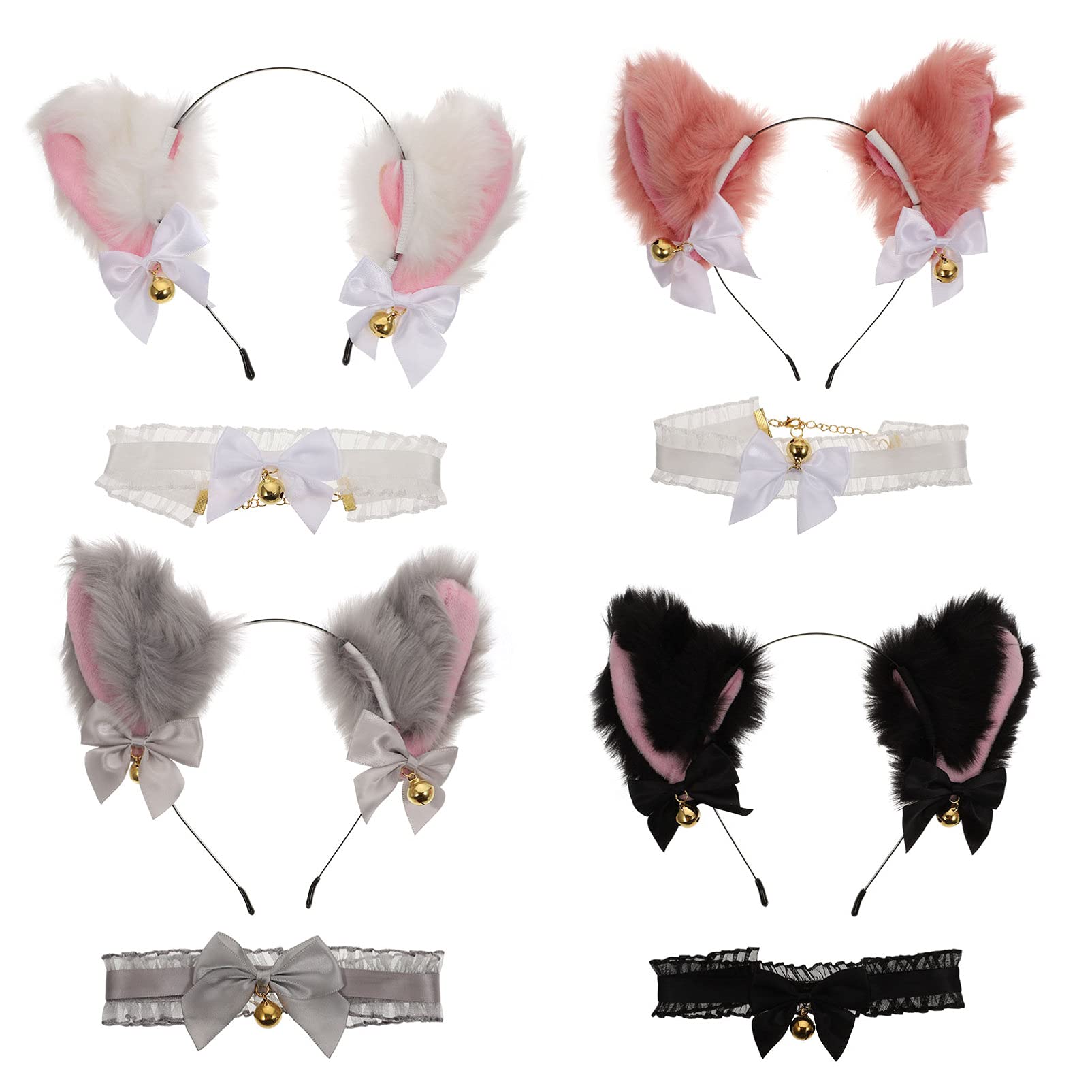 Lurrose 8-Piece Plush Cat Ear Headband & Lace Choker Set - Cute Lolita Cosplay Hair Accessories with Bow & Bell for Women & Girls | Perfect for Halloween, Cosplay, Anime Conventions & Themed Parties