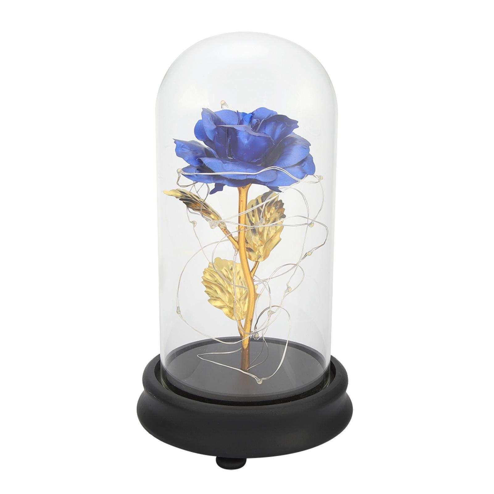 Gold Leaf Rose Light with Glass Dome - Artificial Flower Rose Gift for Anniversary, Valentine's Day, Mother's Birthday - Preserved Forever in Glass Display - Perfect for Home Decor, Wedding Centerpiece & Romantic Gift (Blue)