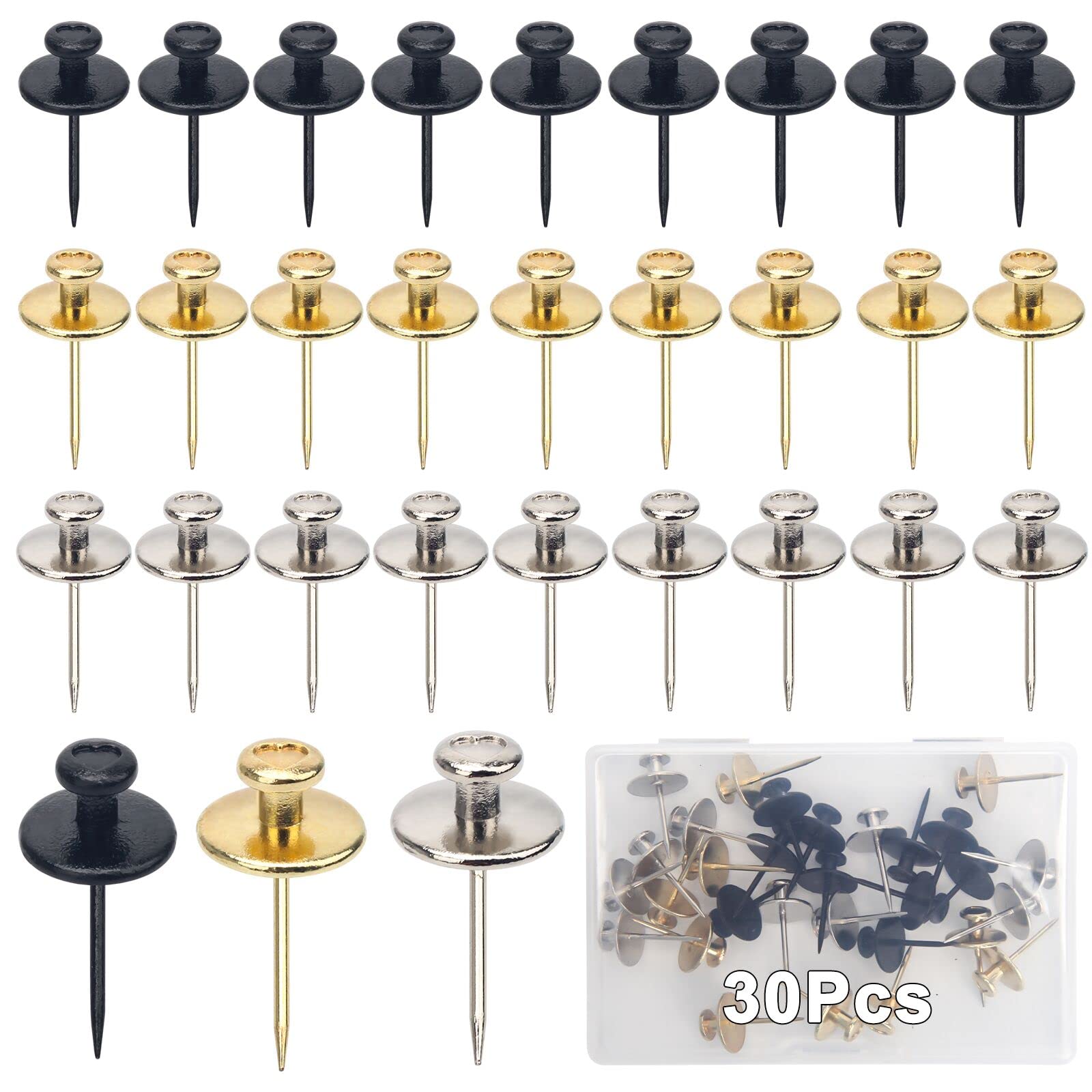 30Pcs Double-Headed Picture Hangers Nails - Heavy Duty Wall Hooks for Photos, Paintings & Mirrors - Decorative Thumb Tacks in Black, Gold & Silver - Perfect for Home, Office & Gallery Decor