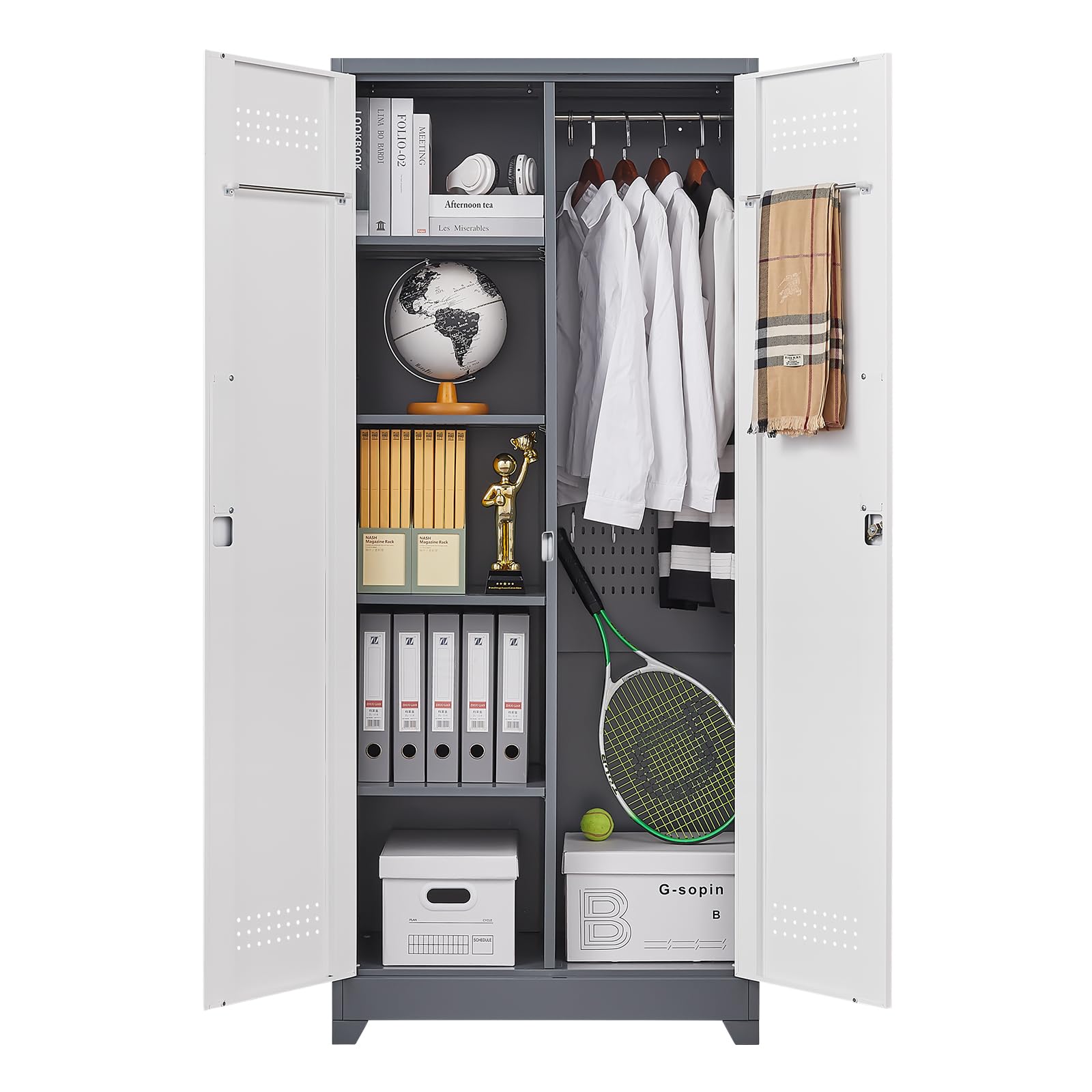 GREATMEET Metal Broom Closet with Pegboard & Hanging Rod - Cleaning Supplies Storage Cabinet with Lock for Utility Room, Garage & Laundry Room Organization