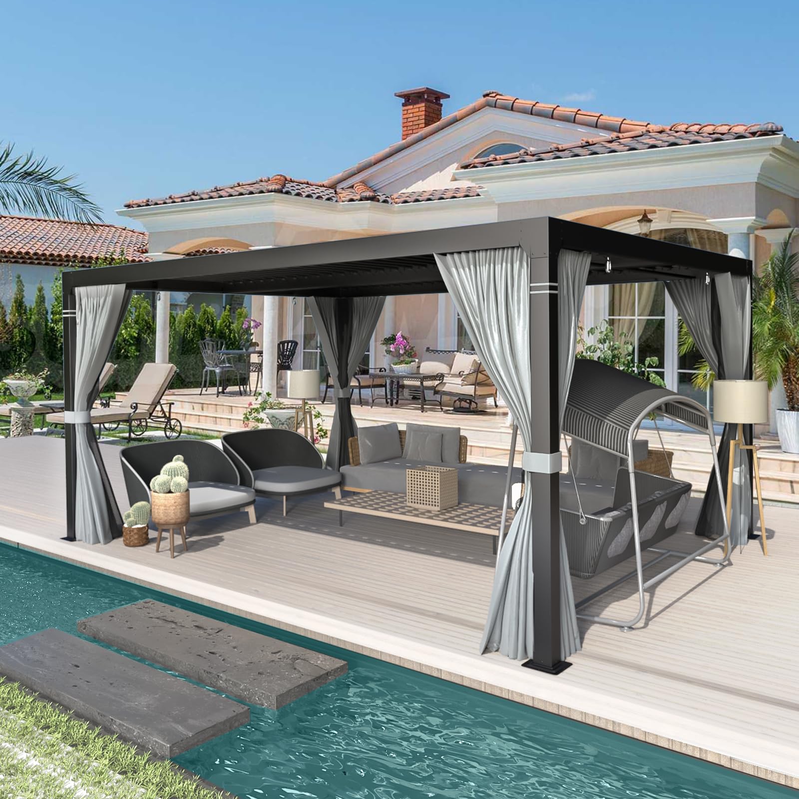 EROMMY 10x12FT Aluminum Louvered Pergola with Adjustable Rainproof Roof - Outdoor Sun Shade Shelter for Garden, Patio & Backyard (Includes Curtains & Netting) - Perfect for Entertaining, Relaxing & Outdoor Dining - Gray-Black
