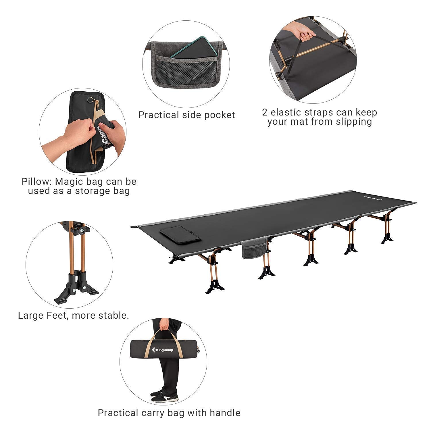KingCamp Ultralight Folding Camping Cot with Mattress - Portable Bed for Outdoor Camping, Hiking, Travel & Tent Use - Compact & Comfortable Sleeping Solution