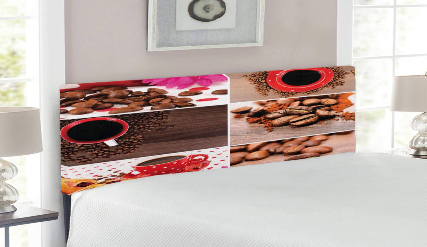 Ambesonne Coffee Themed Upholstered Headboard - Queen Size Brown Red Decorative Bed Headboard with Memory Foam | Coffee Mugs, Polka Dots, Flowers & Beans Collage Design | Perfect for Bedroom Decor, Coffee Lovers Gift & Home Furnishing