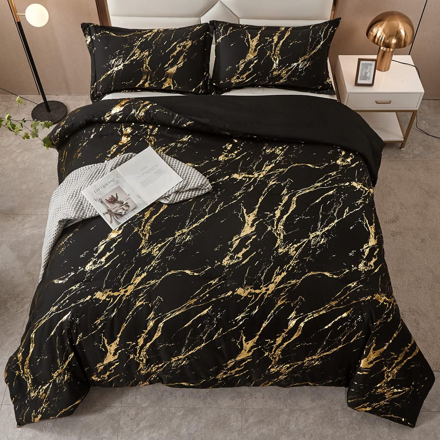Black Gold Metallic Marble Comforter Set - Queen Size 3-Piece Bedding with Foil Print Glitter | Luxury Bedroom Decor for Modern Homes & Guest Rooms
