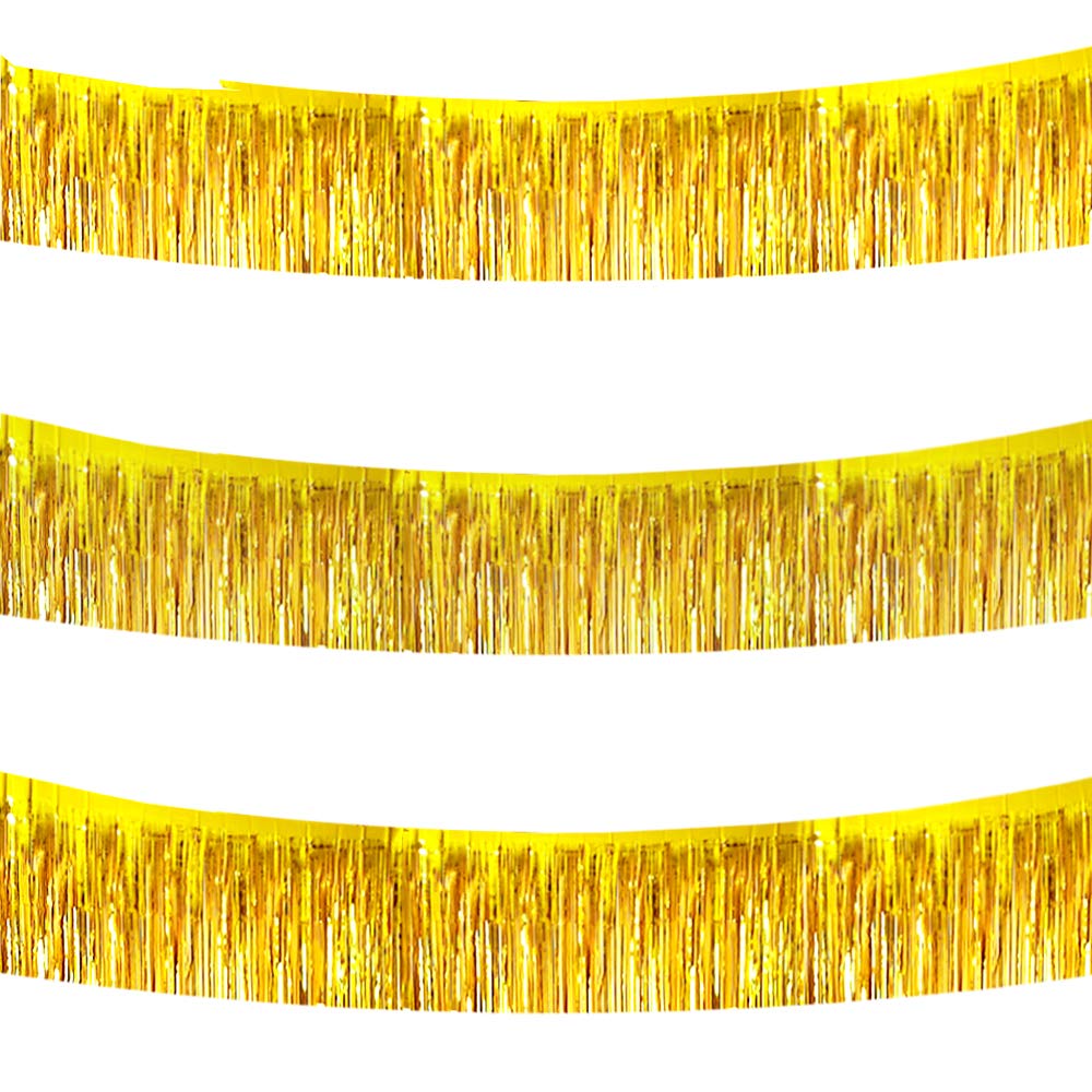 BEISHIDA 30 Feet Metallic Foil Fringe Garland - 3 Pack Shiny Gold Tinsel Streamers for Wedding, Birthday Party, Christmas, Halloween & New Year Decorations - Perfect for Wall Hangings, Ceiling Decor & Photo Backdrops