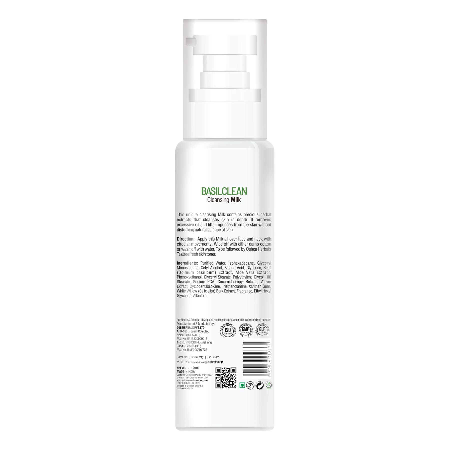 Oshea Herbals Basilclean Cleansing Milk for Normal to Oily Skin - Oil Control & Hydrating Face Wash with Aloe Vera & Basil Extracts (120ml) | Gentle Daily Cleanser for Acne-Prone & Combination Skin | Perfect for Morning & Night Skincare Routine
