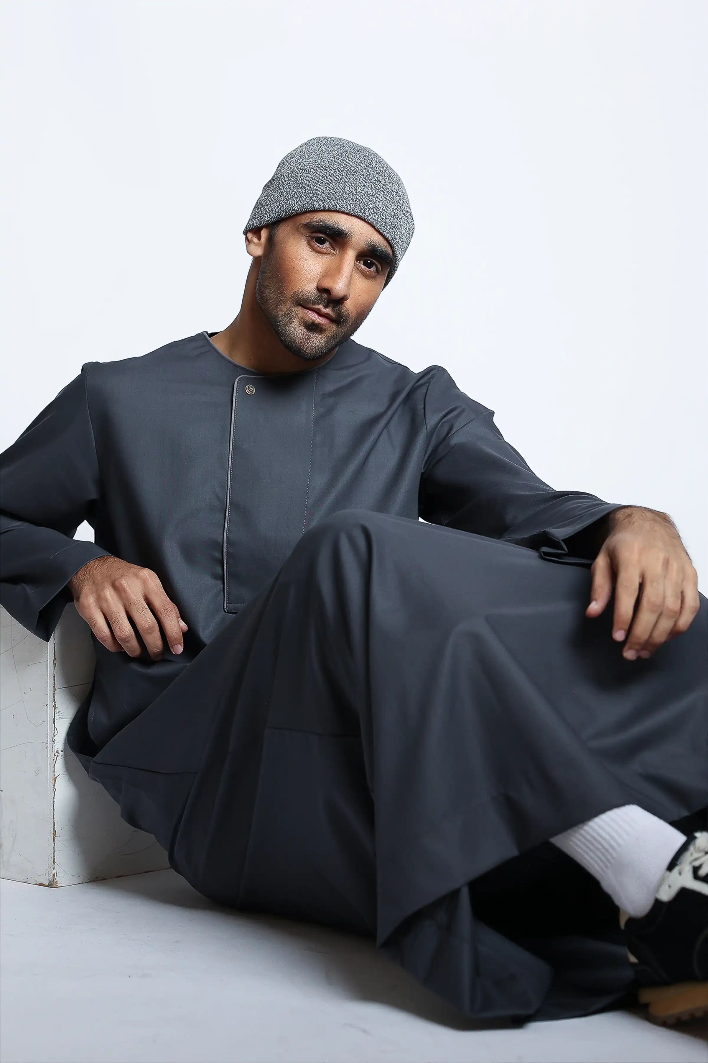 J144 Dusty Grey Piping Thobe - Traditional Islamic Robe for Men | Perfect for Eid, Ramadan & Daily Wear