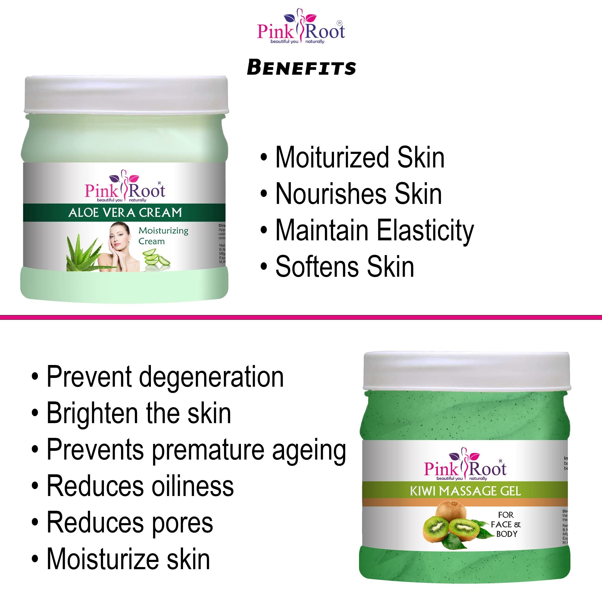 Pink Root Kiwi Massage Gel & Aloe Vera Cream Set - 500ml Each - Hydrating & Soothing Skin Care for Body & Face - Perfect for Massage, Moisturizing, and After Sun Care