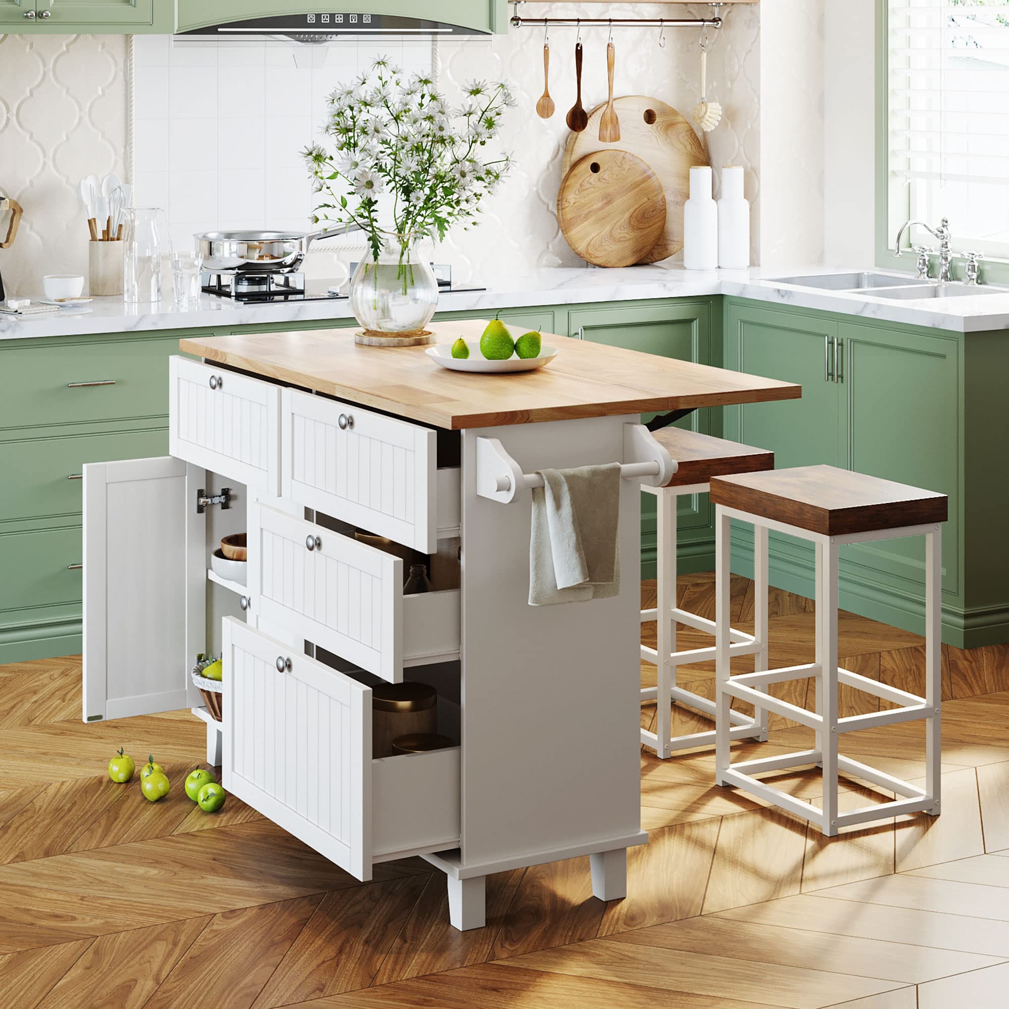 Bellemave 3-Piece White Kitchen Island Set with 2 Stools, Drop Leaf, Storage Cabinet, Drawers & Towel Rack - Perfect for Small Kitchens, Breakfast Nooks & Dining Areas